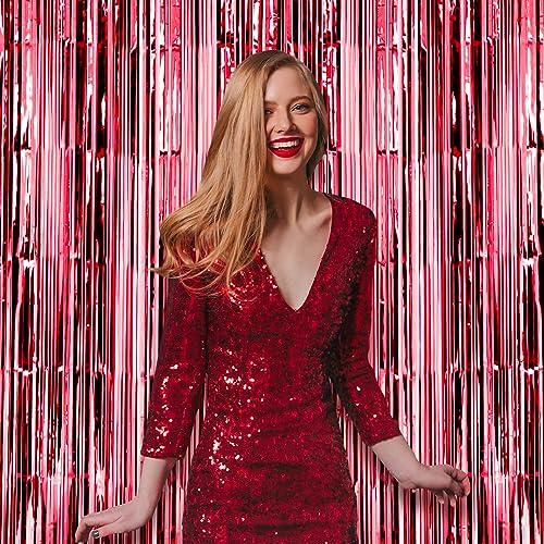 Image of Voircoloria 2 Pack Red Foil Fringe Backdrop Curtains, Tinsel Streamers Birthday Party Decorations, Fringe Backdrop for Graduation, Baby Shower, Gender Reveal, Disco Party