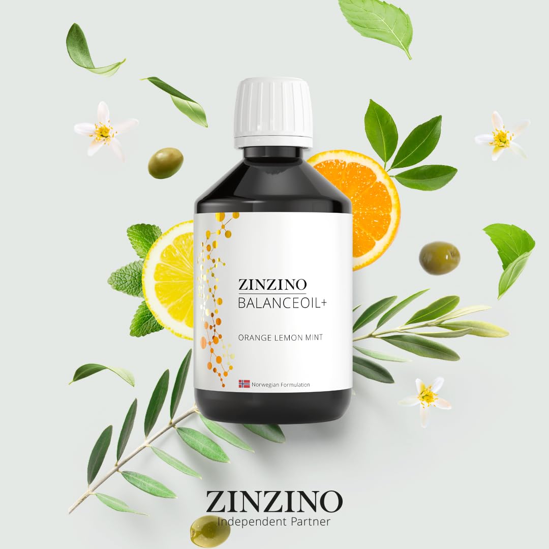 ZinZino BalanceOil+ Fischöl mit Omega-3 2478 mg, Omega-9, Vitamin D3, Tocopherol, DHA, EPA mit Olivenöl Geschmack Orange-Zitrone-Minze, 300 ml