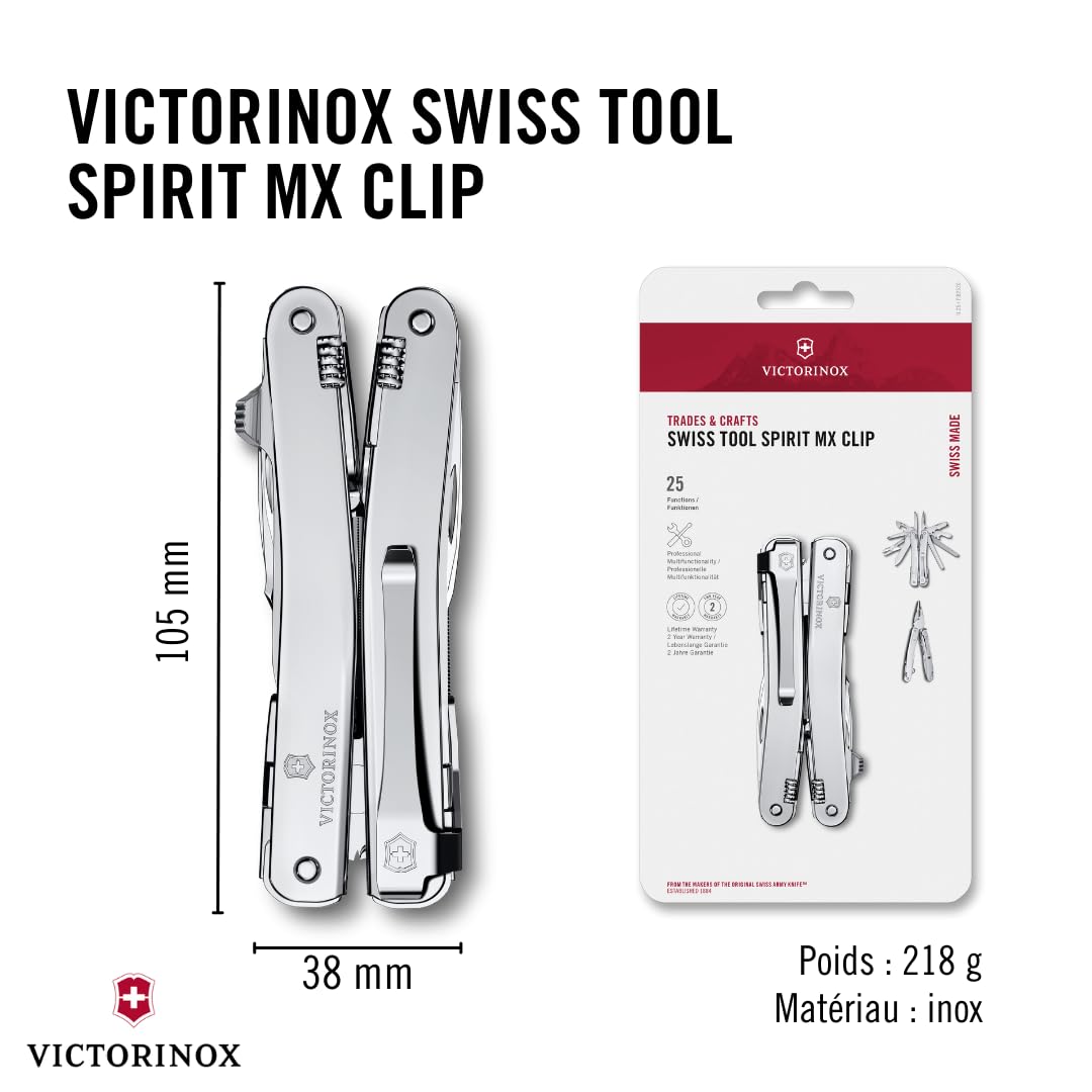 VICTORINOX Couteau Suisse Swiss Tool Spirit MX Clip, 24 Fonctions, Outil Multifonction, y c. Pince, Tournevis, Ouvre-Boîtes, Argent