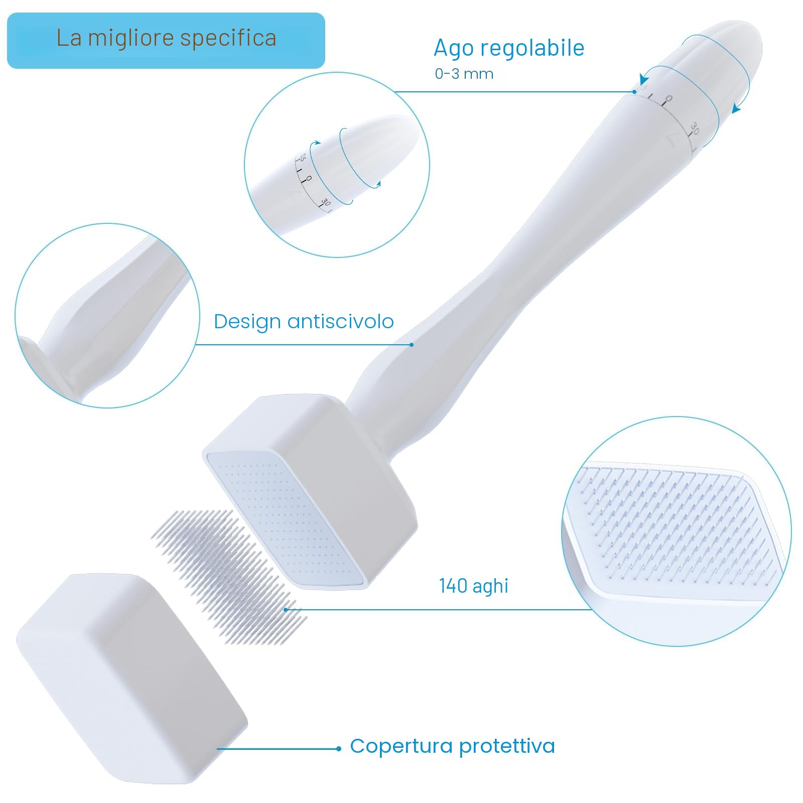 Derma Stamp, Dermastamp Regolabile 0-3 mm, Derma Roller Capelli, 140 Perni, Timbro Professionale Microneedling Stamp per Stimolare la Crescita di Capelli, Barba, Viso