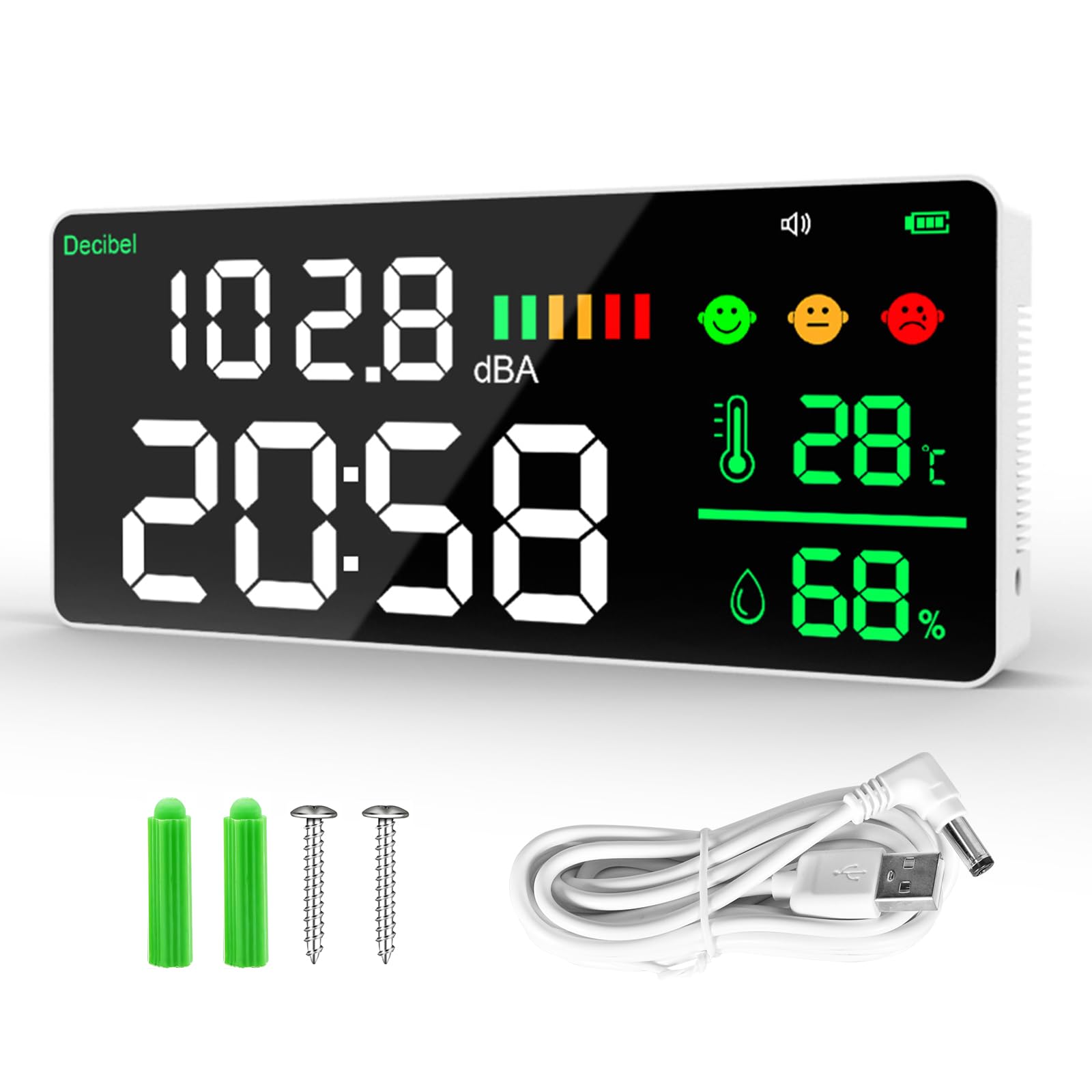 Schallpegelmesser Dezibel Messgerät LED-Bildschirm Helligkeitsanpassung 30-130dBA Bereich 4-in-1 Lärm, Zeit, Temperatur und Luftfeuchtigkeit Geeignet für Haus, Büro, etc