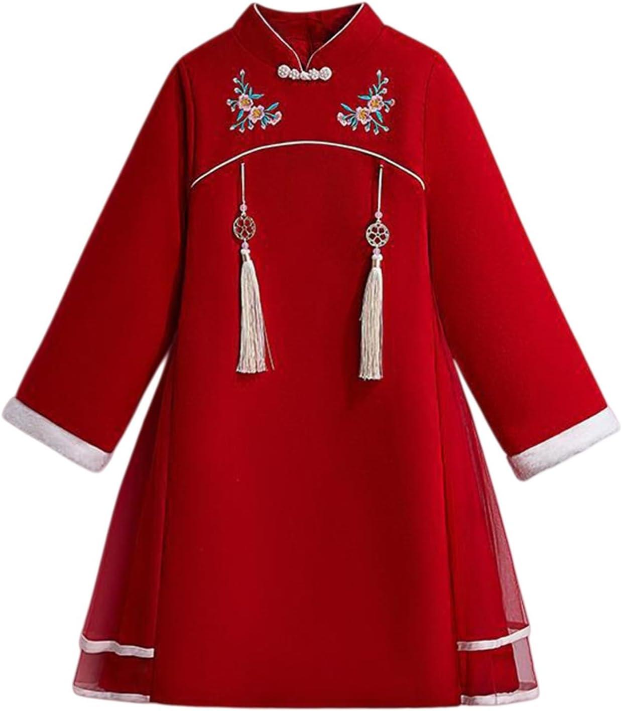 Girls Hanfu Dress Long Sleeve Mandarin Collar Dresses Traditional Style Chinese New Year Clothing Floral Embroidery Tang Suit Kids Birthday Party Outfits