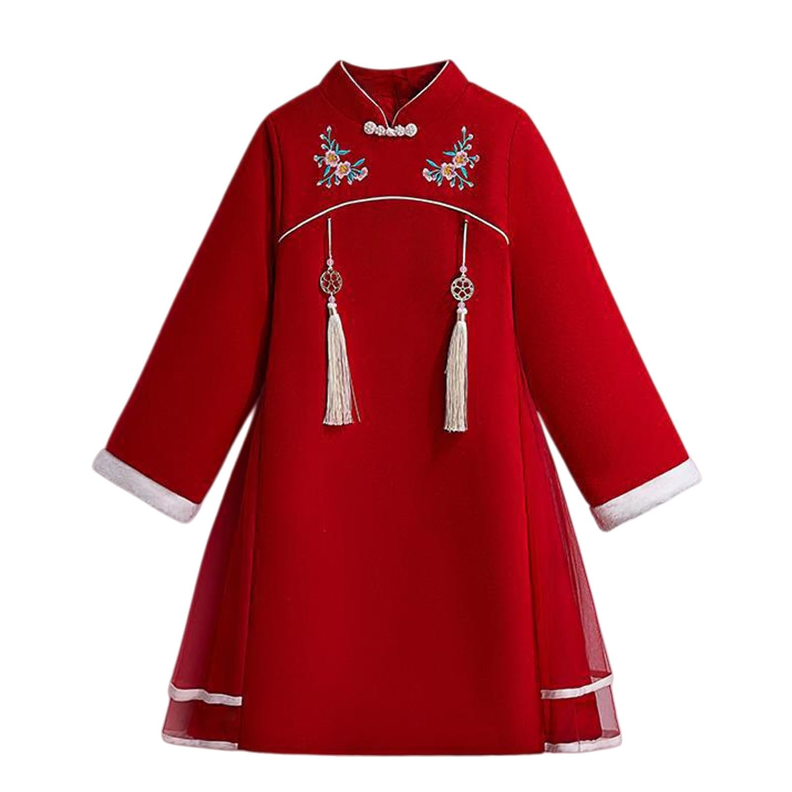 Girls Hanfu Dress Long Sleeve Mandarin Collar Dresses Traditional Style Chinese New Year Clothing Floral Embroidery Tang Suit Kids Birthday Party Outfits
