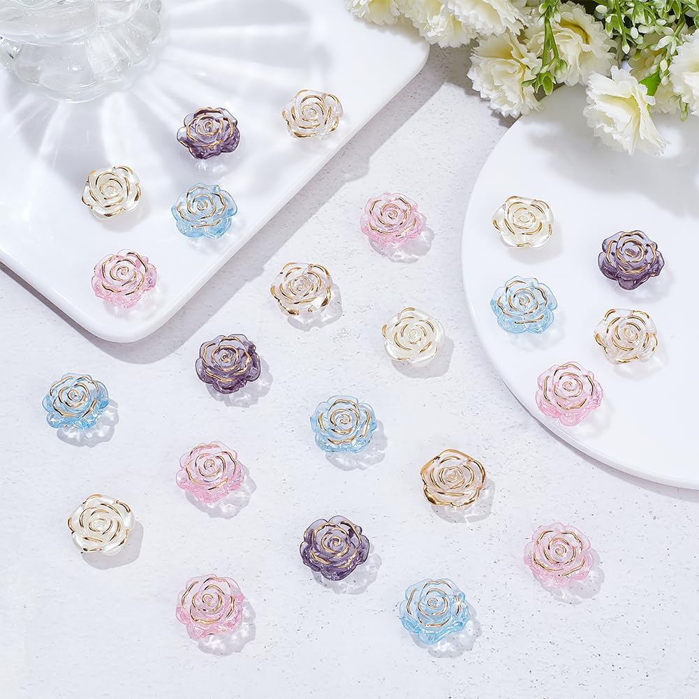 WADORN 150Pcs Rose Flower Beads, 5 Colors Flatback Drilled Rose Cabochons with Gold Foil Plastic Flower Flat Back with Holes 19x19mm Floral Decoration for Jewelry Crafting Necklace Bracelet Making