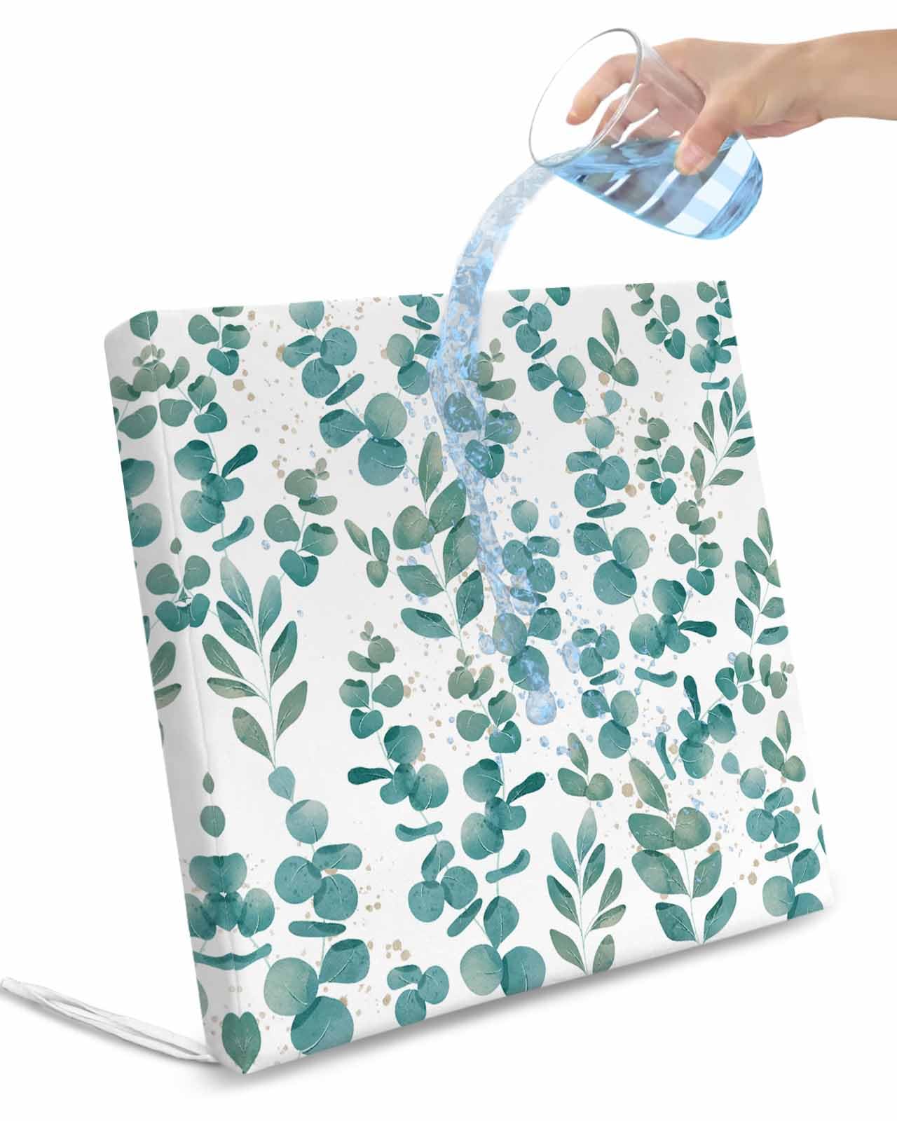 Pinroote Eucalyptus Leaves Patio Cushion Covers, Outdoor Cushion Covers Waterproof Seat Cushion Slipcovers, Watercolor Teal Botanical Pastoral Chair Cushion Cover for Garden Sofa 20