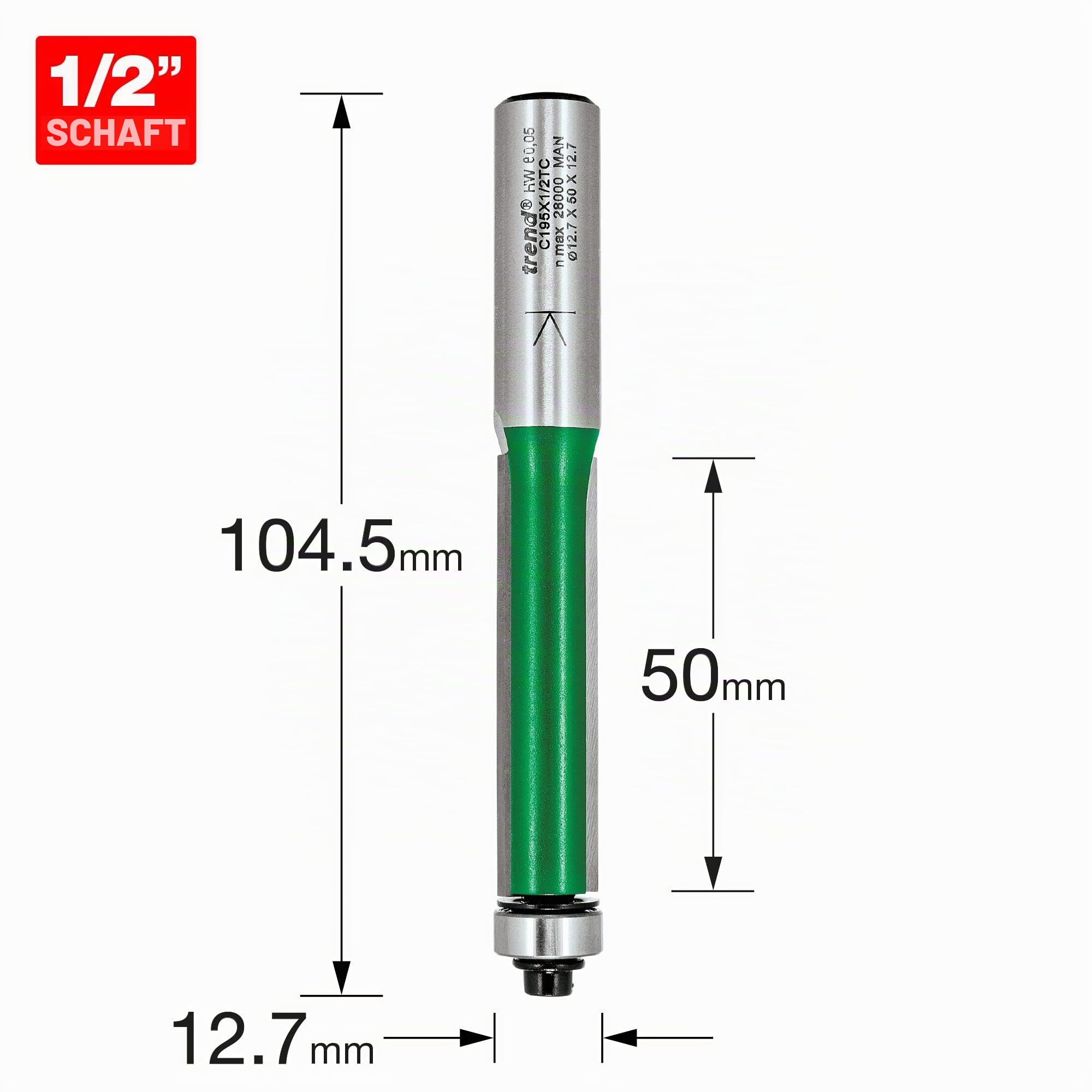 Trend CraftPro Selbstgeführter Fräser, 1/2 Zoll Schaft, 12,7 mm Schnittdurchmesser und 50 mm Schnittlänge, Hartmetallbestückt, C195X1/2TC