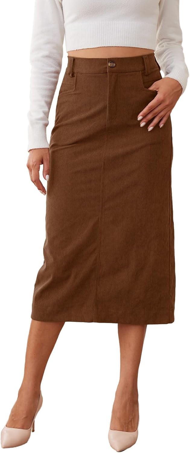 Women’s Midi Corduroy Skirt Pencil Elastic High Waisted Back Slit Winter Long Skirts for Women with Pocket
