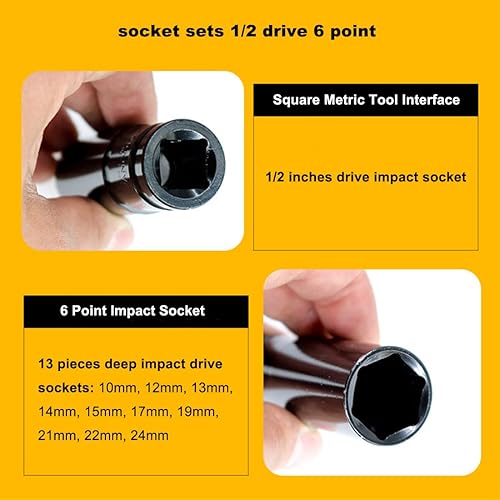 Miniatura 4 de Juego de llaves de trinquete de 12 pulgada de impacto profundo de 6 puntos de 0.315in - 0.945in y 12" (14 piezas)