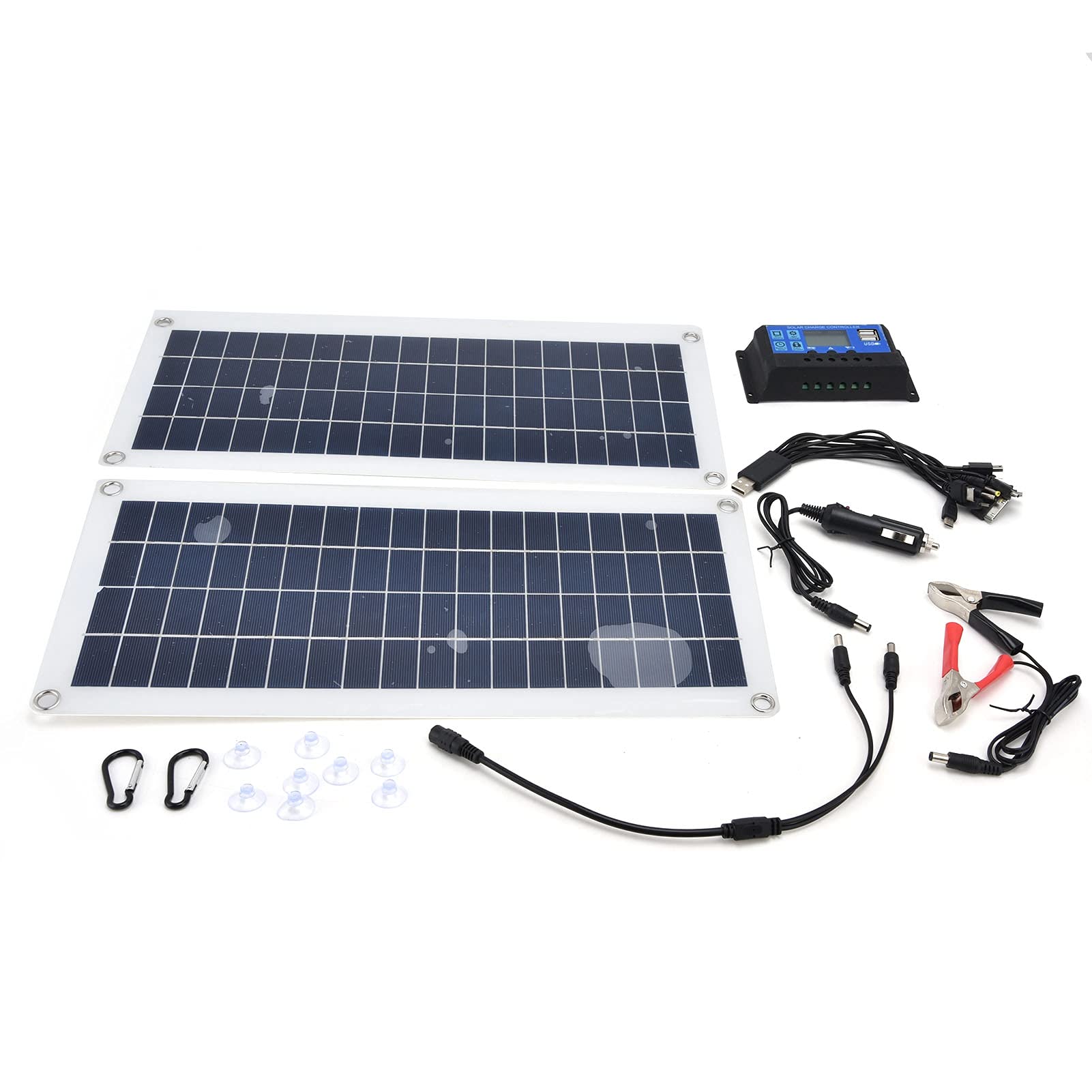 Panneau Solaire Monocristallin 2x10W, Chargeur d'Urgence avec Port USB pour Charger Appareils, Portable pour Véhicules, Bateaux, Activités Extérieures