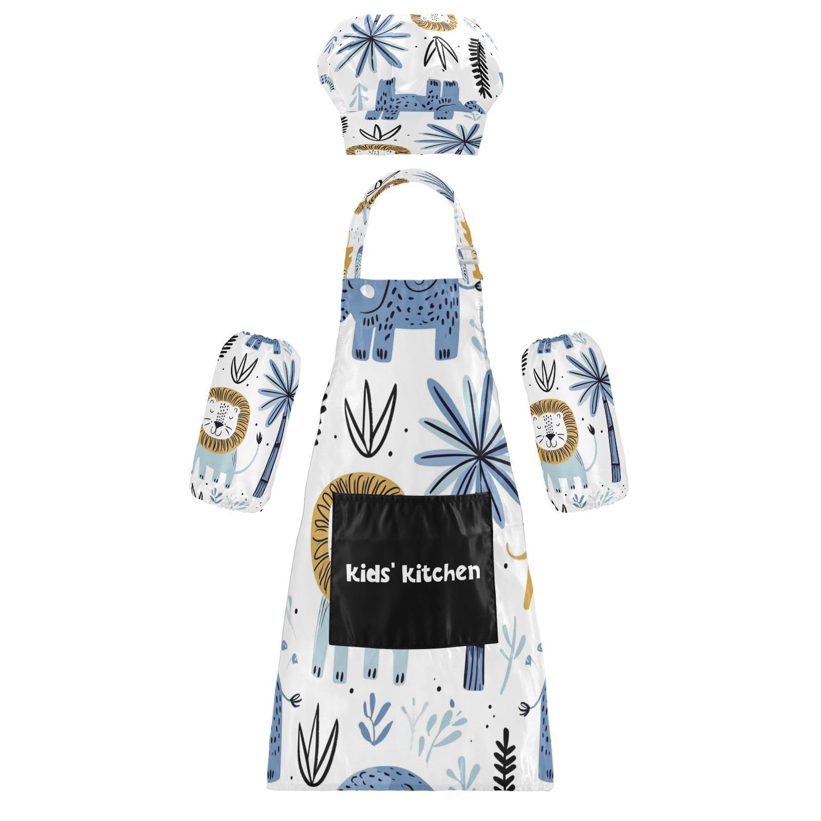 Bulletgxll Cartoon Lions Kids Apron and Chef Hat Set Adjustable Bib Aprons with Pockets for Cooking Baking Painting