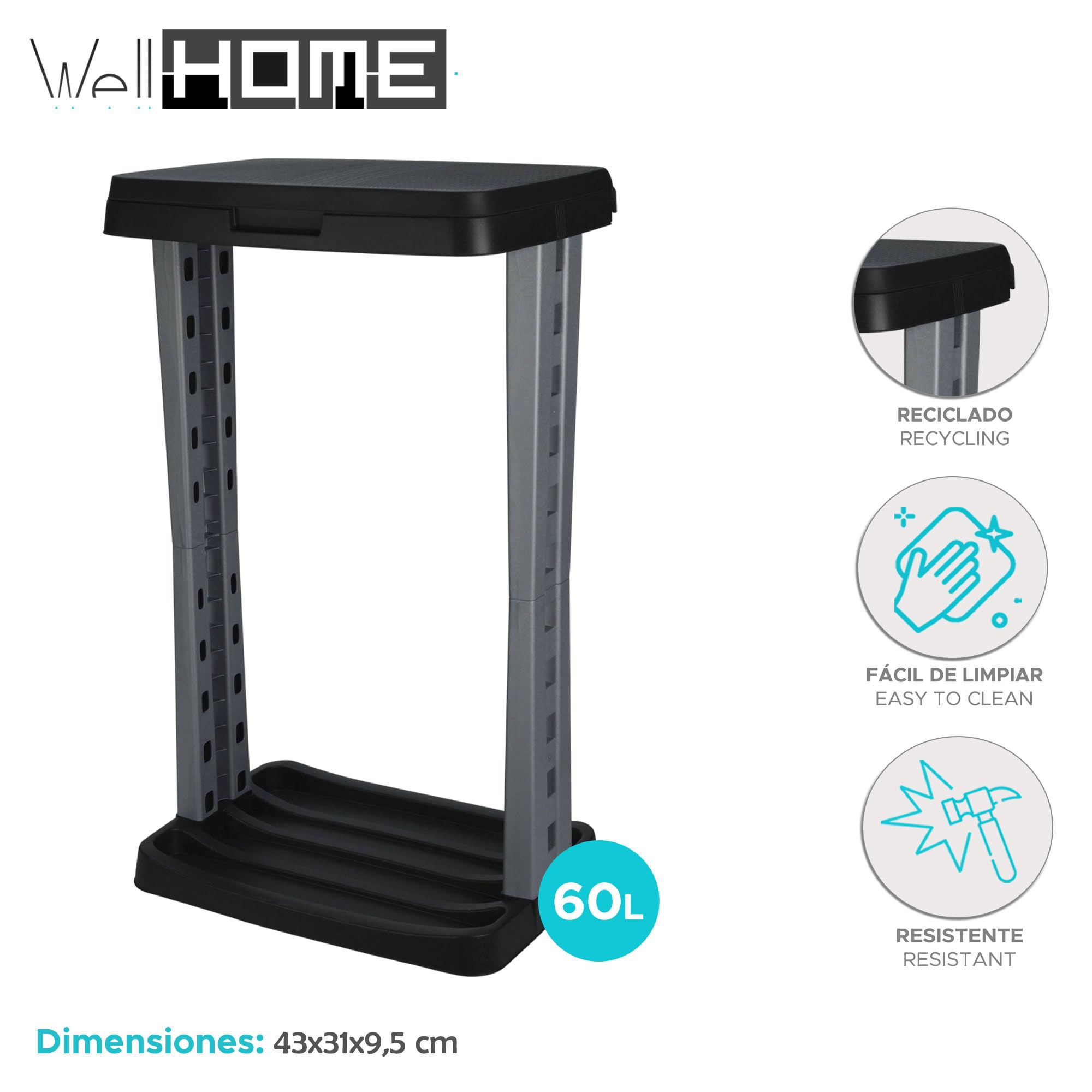 Well Home Porte-sacs poubelle 60 l Anthracite 100% recyclable 43 x 31 x 9,5 cm