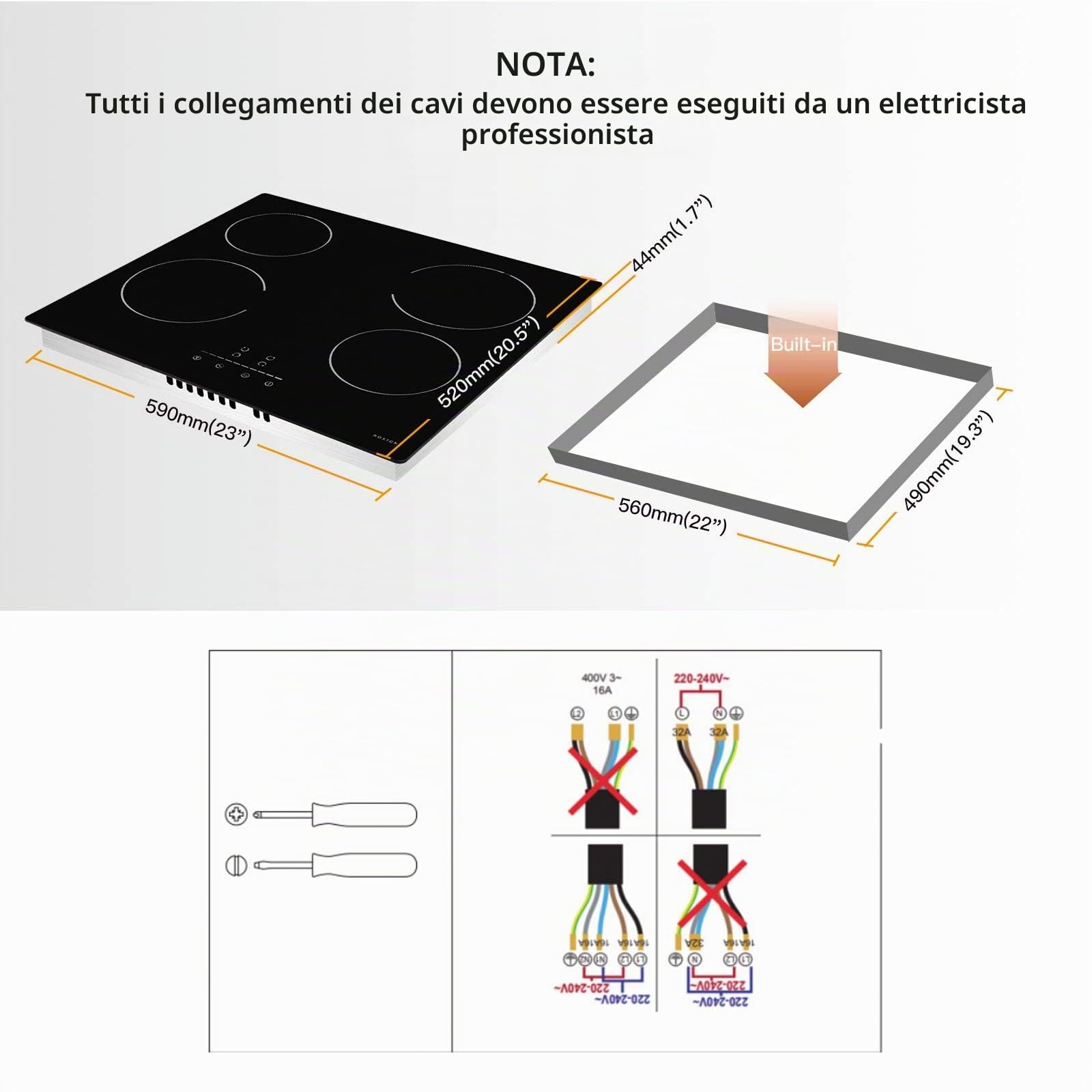 Piano Cottura Elettrico 4 Fuochi, 60cm Piani Cottura Vetroceramica Incasso | 6000W, Funzione Booster Cucina, Tocco Controlli, Timer, 9 livelli di potenza