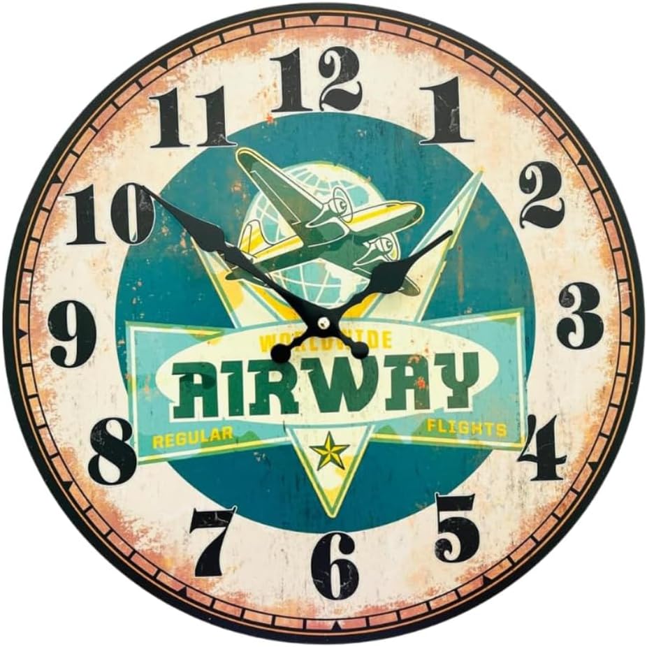 13-Inch Airway Wall Clock Day Gift for Him, Vintage Aviation Theme Frameless Wall Clock for Living Room, Cafe, Office & Home Decor Perfect for Gifting
