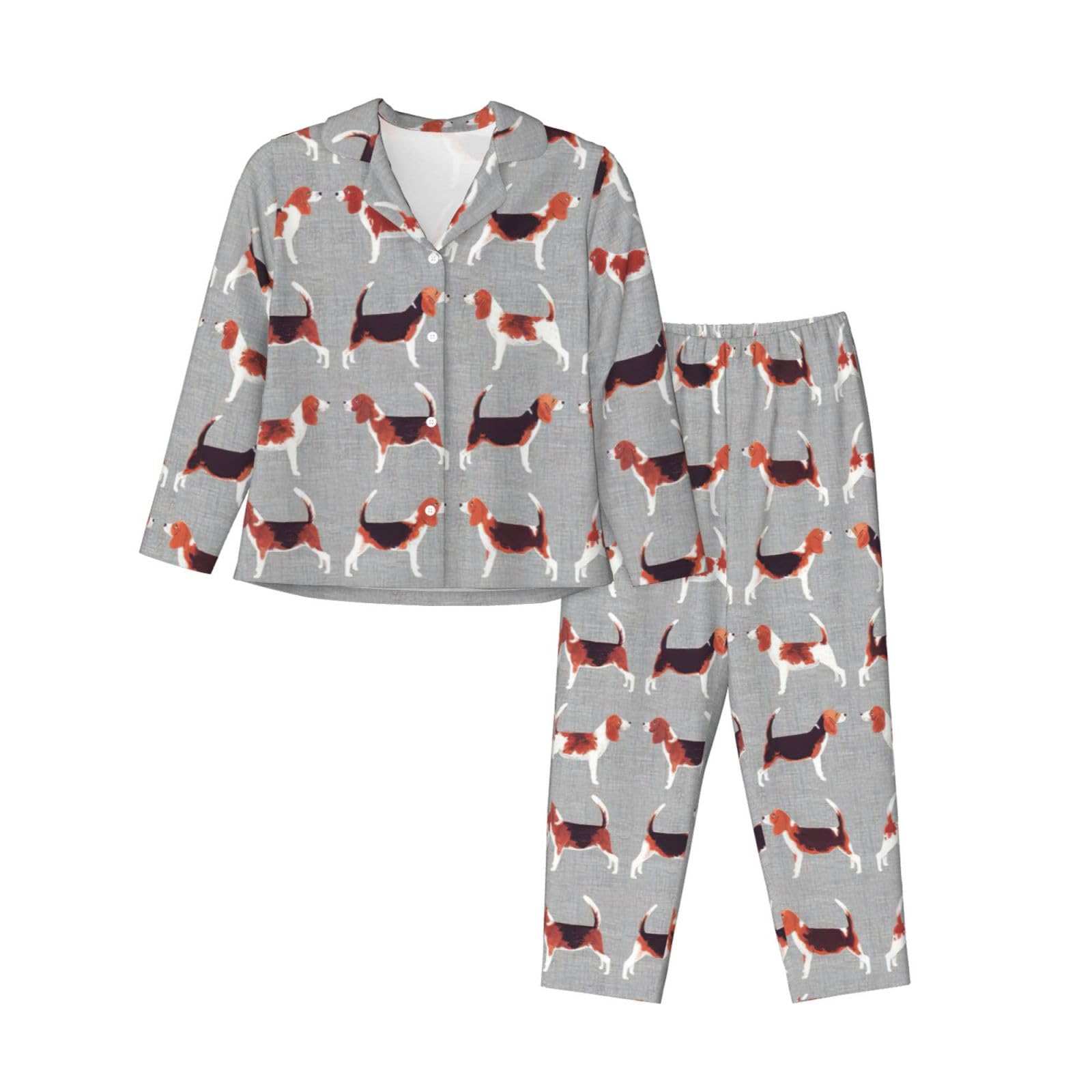 Limpac Women's Black Beagle Patterns Print Nightwear Long Sleeve Pajama Set, Lounge Button Down Pjs Soft Sleepwear, S