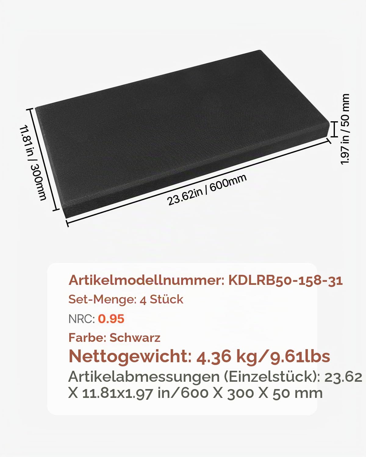 VEVOR Akustikpaneele, 4 Stück, 600x300x50 mm, Fiberglas, schallabsorbierende Platten, selbstklebende, Akustik Wandpaneele, für Studios, Büros, Heimkinos, Konferenzräume, Schwarz
