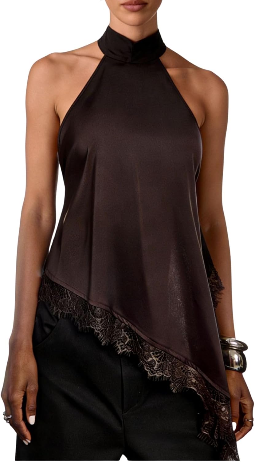 Verdusa Women's Y2k Tops Satin Rave Club Lace Halter Top Tie Backless Cami Asymmetrical Going Out Outfits - Image 2