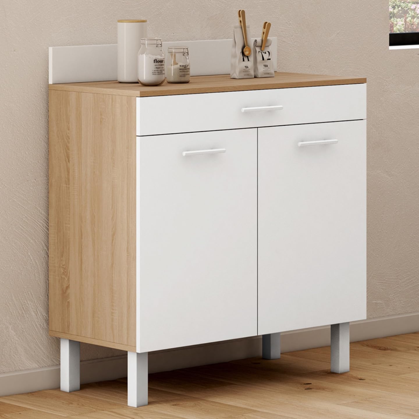 IDMarket - Buffet Bas de Cuisine 80 cm CINA Plan de Travail H.83 cm 2 Portes + tiroir façon hêtre et Blanc