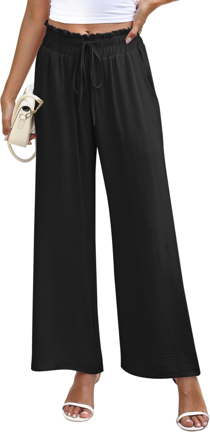 NILOUFO Women's High Waist Wide Leg Pants Elastic Drawstring Casual Loose Flowy Trousers with Pockets - Image 2