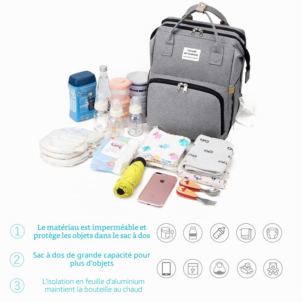 Sac à Dos à Langer pour Bébé,Sac de Voyage avec Lit de Bébé Portable,Grande Capacité Sac à Couches Multifonction Imperméable,2 Sangles de Poussette,pour Biberon Sac à Dos (Gris)