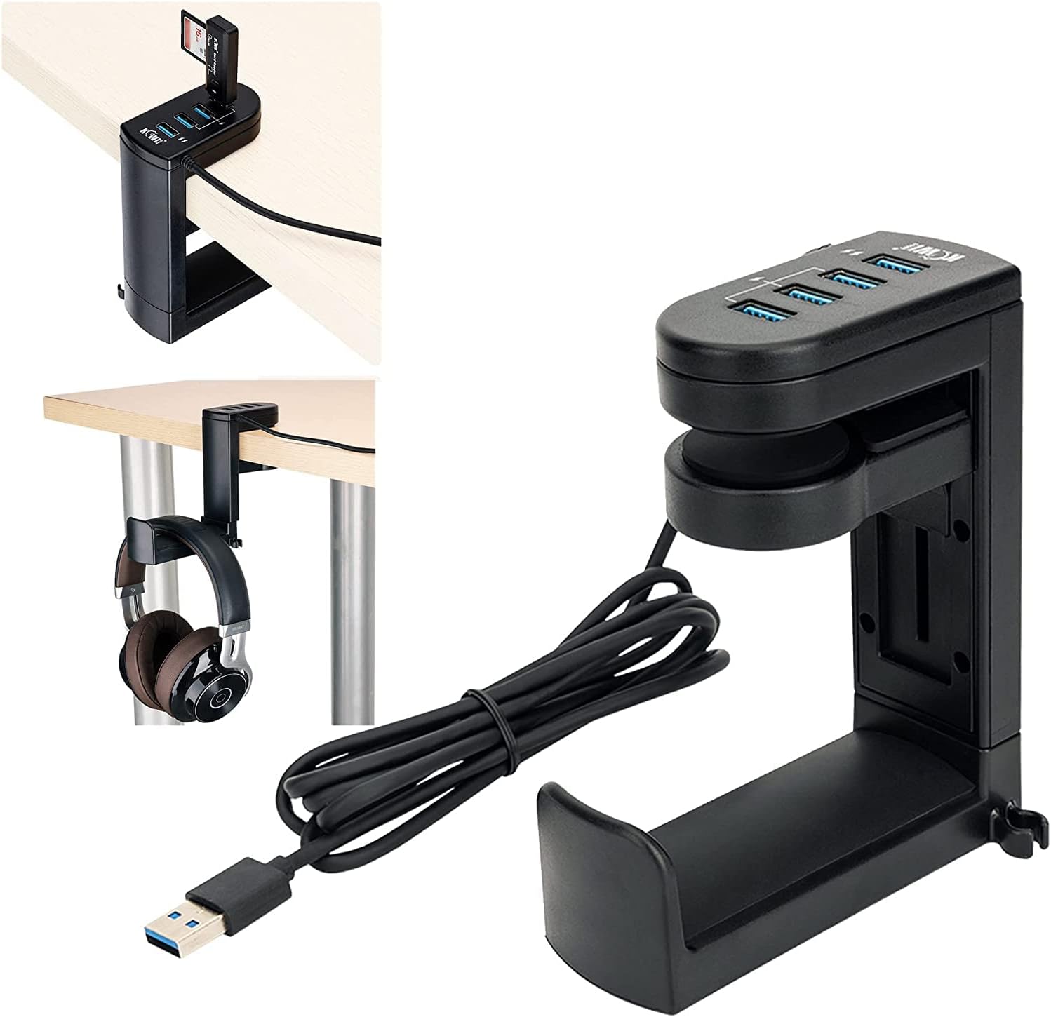 Kiorafoto 2 in 1 Headphone Hook with 4 Ports USB 3.0 2.0 Hub, Under Desk 360 Degree Rotation PC Gaming Headset Hanger Mount Stand Storage Earphone Holder for Multiple Devices High Speed Data Transfer Kiorafoto 2 in 1 Headphone Hook with 4 Ports USB 3.0 2.0 Hub, Under Desk 360 Degree Rotation PC Gaming Headset Hanger Mount Stand Storage Earphone Holder for Multiple Devices High Speed Data Transfer