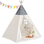 Sumbababy Teepee Tent for Kids, Cotton Canvas Indoor Play Tent, Foldable Toddler Sleepover Tents for Girls & Boys Slumber Party, Washable Gift Set with Star Lights, Banner & Carry Bag, Stars Design