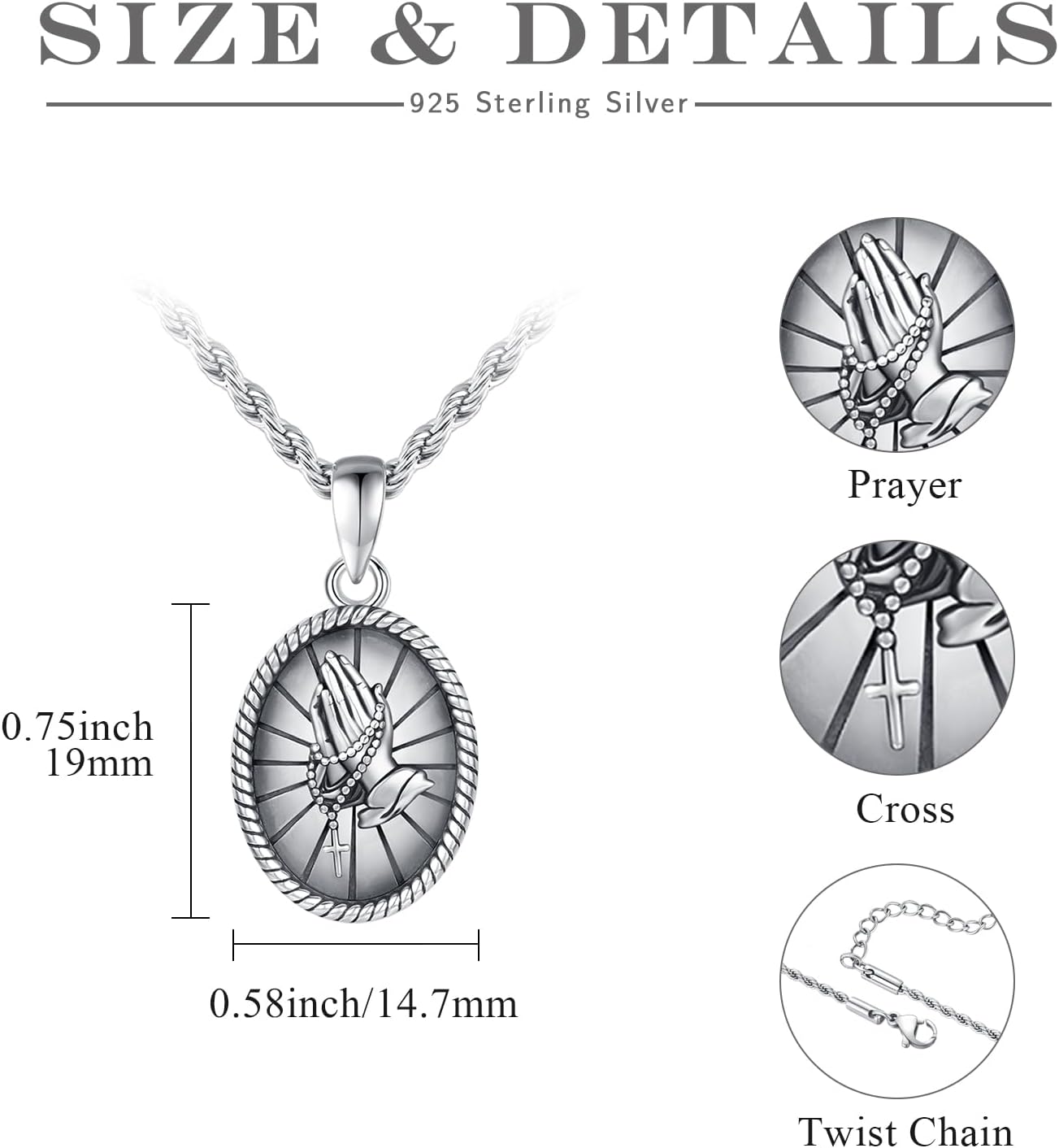 Serenity Prayer Necklace Sterling Silver Prayer Hand Pendant Religious Praying Hands Necklace Jewelry Gifts for Men Women - Image 6