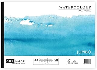 Artemae Artists Jumbo Fine Grained Gummed Watercolour Pad Cold Pressed - 50 Sheets - 300gsm/140lb - A4 paper - Acid Free - Watercolour paper - A4 Landscape - Thick Watercolour Paper A4