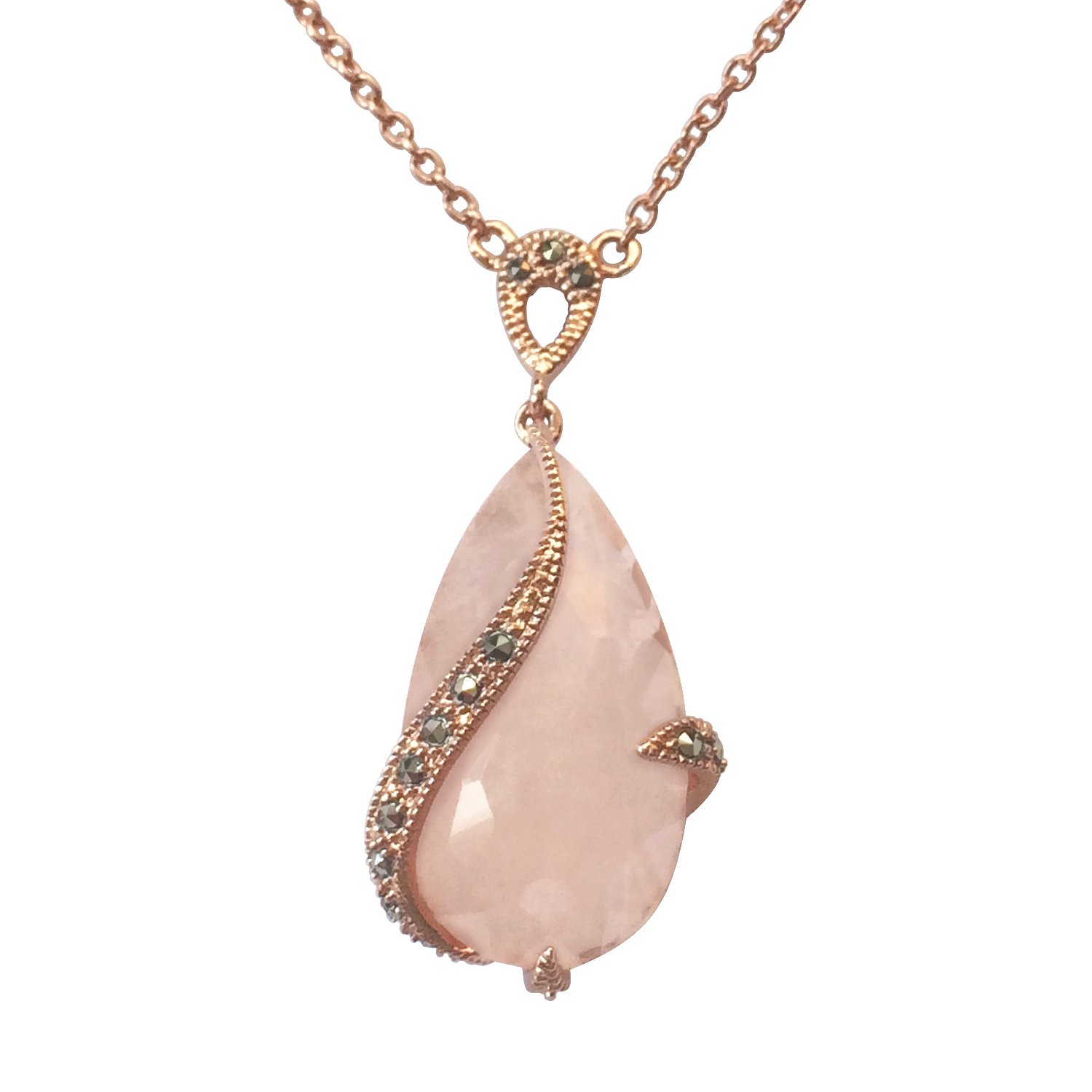 Aura by TJM18K ROSE GOLD OVER STERLING SILVER PEAR SHAPE PENDANT SET JEWELLERY WITH 10.99 CTW, FANCY CUT ICE ROSE QUARTZ WITH 0.15 CTW ROUND MARCASITE ACCENT, 18'' CHAIN