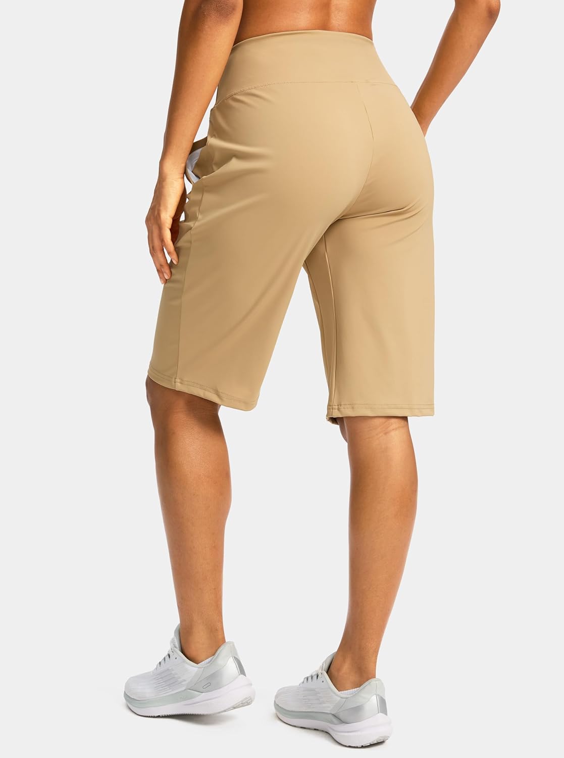 SANTINY Womens 12" Bermuda Shorts Knee Length with Pockets High Waisted Stretchy Summer Walking Modest Long Shorts for Women (Khaki_L) - Image 2