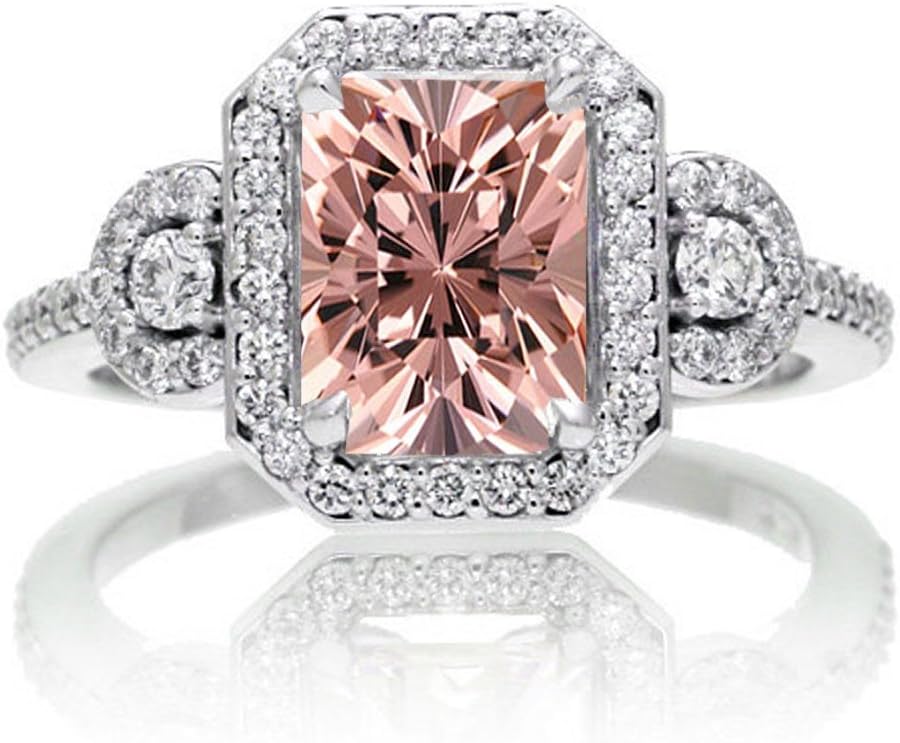 2 Carat Emerald Cut Morganite and White Diamond Halo Engagement Ring on 10k White Gold