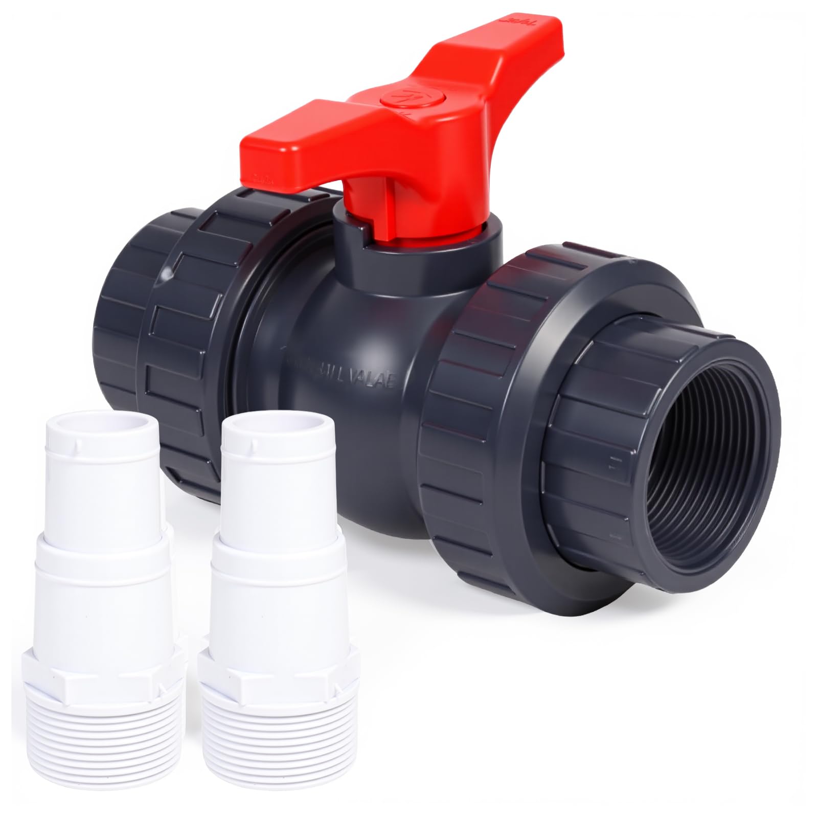 Válvula de bola con conector de manguera de PVC, válvula de cierre para piscina, incluye 1 válvula de cierre de 1 1/2" (50 mm), 2 boquillas de manguera de 32-38 mm, conector de manguera de