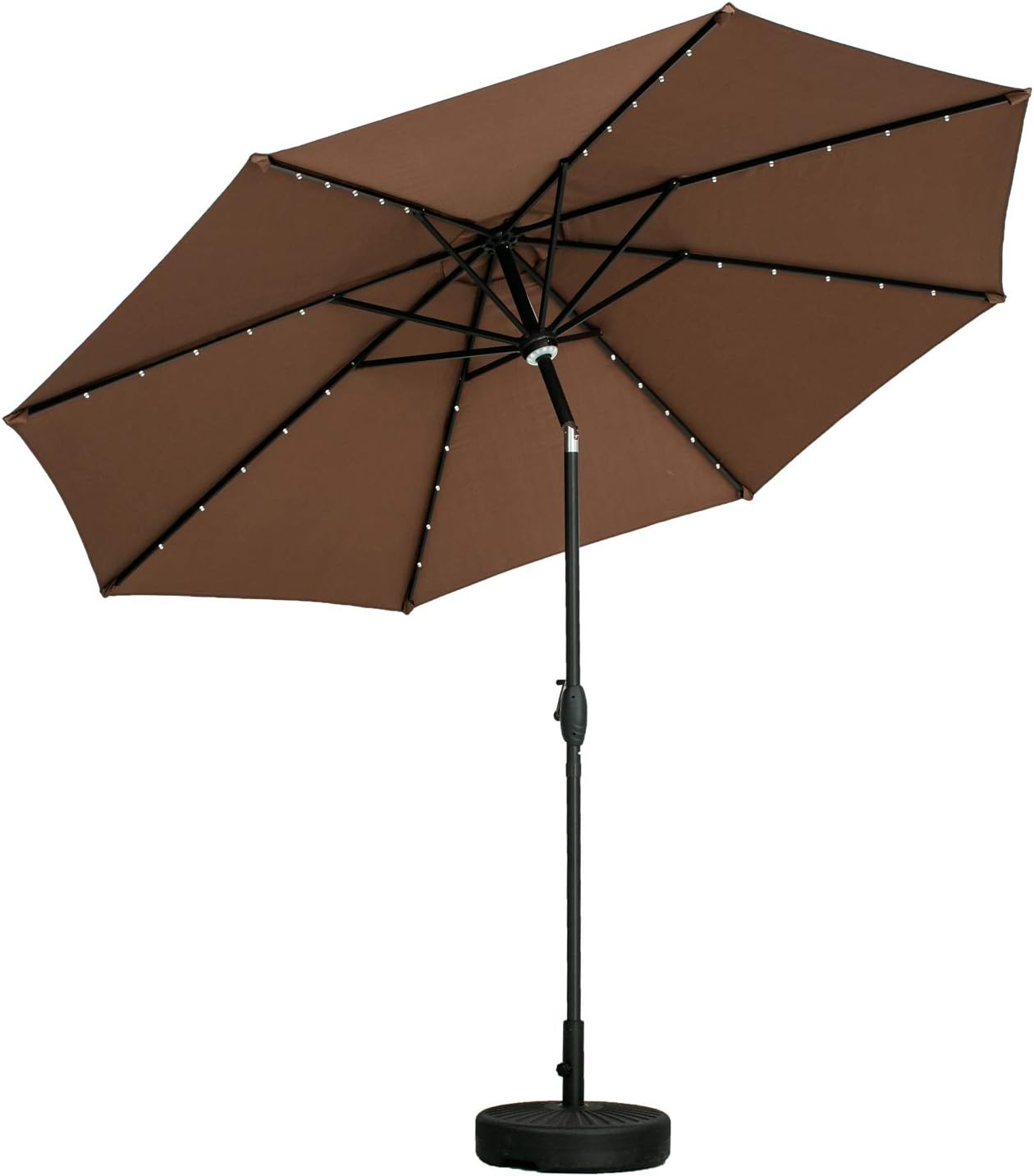 outdoor basic 10Ft Solar Powered 40 LED Lighted Steel Patio Table Market Umbrella with Tilt and Crank for Garden,Deck,Backyard,Pool. (Coffee)