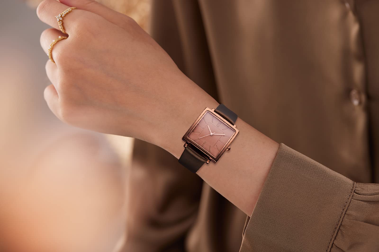 Relojes para mujer con esfera redonda cuadrada de acero inoxidable reloj de cuarzo con correa de cuero genuino satinado elegante minimalista impermeable, Marrón (Brown Square 4
