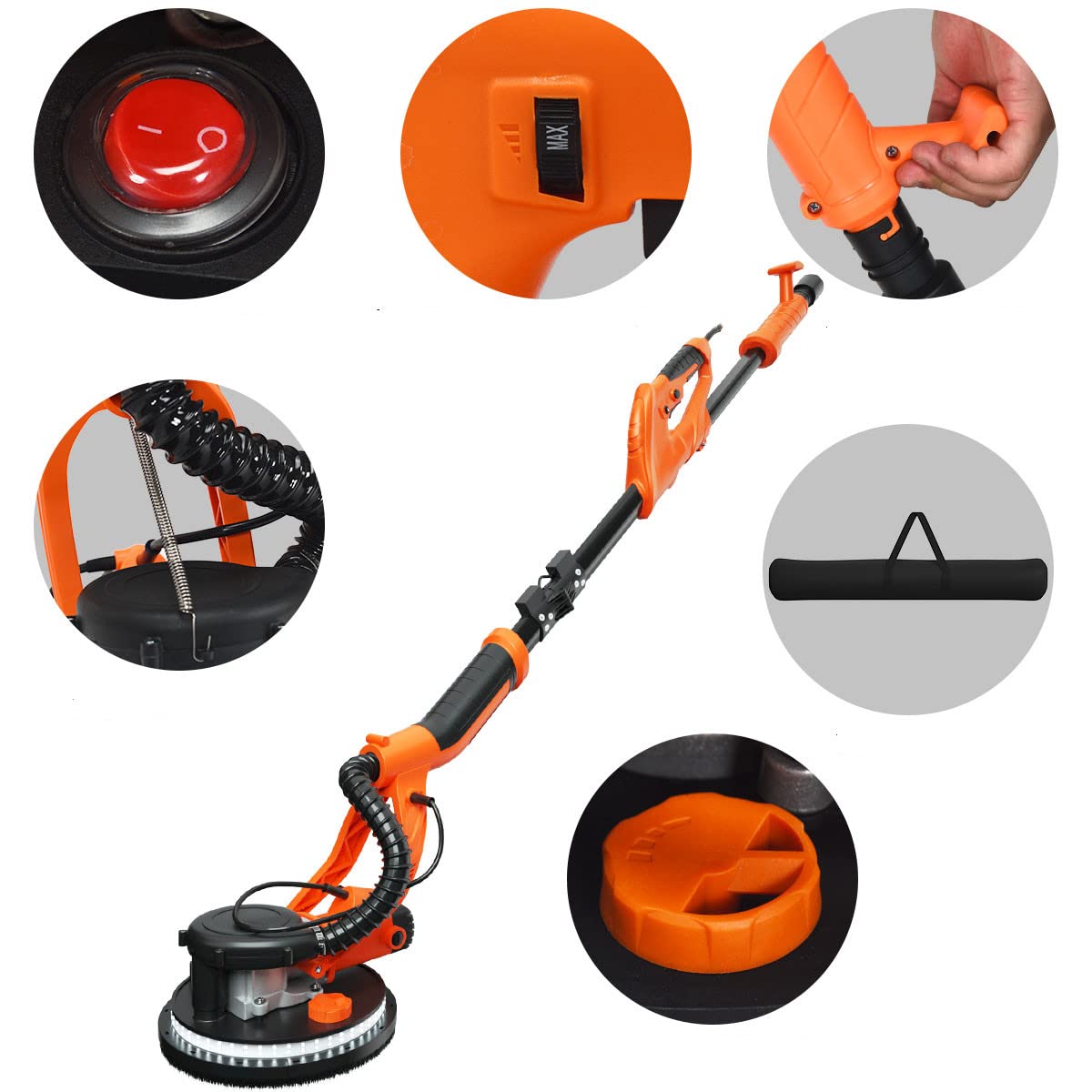 DREAMADE Trockenbauschleifer 750 W, Deckenschleifer mit 6 Geschwindigkeiten, max. 1750 U/min, Wandschleifmaschine mit Staubsammelsystem, 80 LED und Teleskopstange, inkl. 12 Schleifpapier