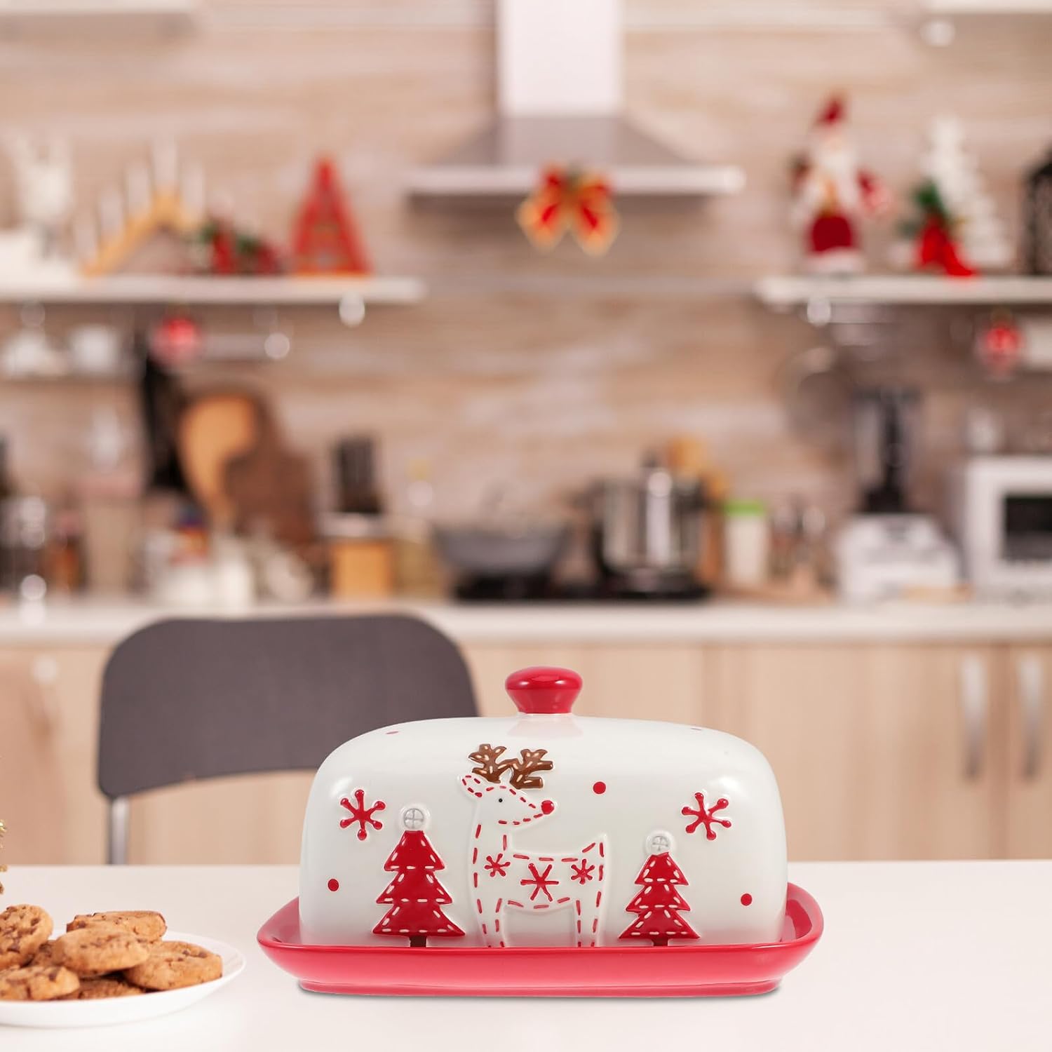 Ceramic Butter Box with Lid Christmas Style Multi-purpose Butter Dish for Kitchen Countertop Wear-resistant and Practical for Cheese and Desserts Storage