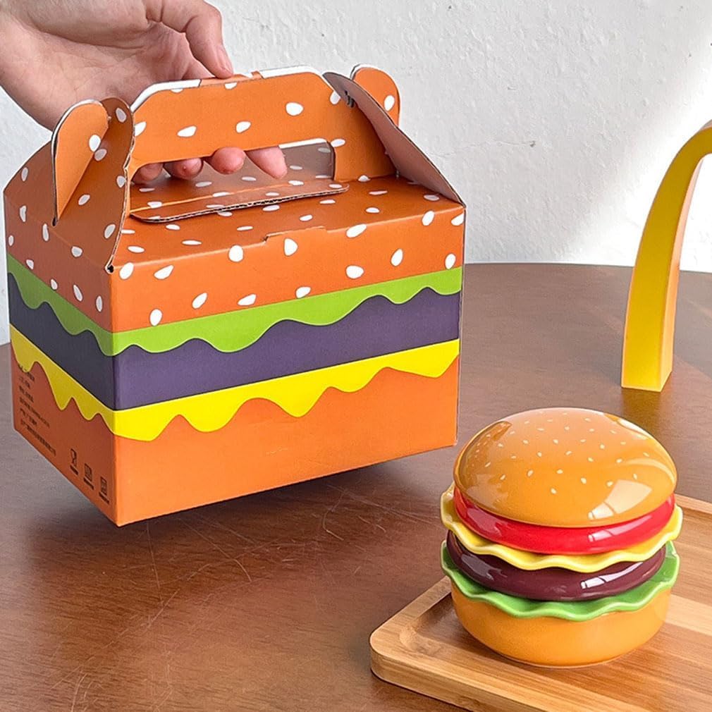 Hamburger-Teller-Set aus Keramik, stapelbar, Burger-Design, Teller mit Schüssel, Untertasse und Deckel für Dessert, Snack, Party und Heimdekoration, lustiges Geschirr für Unterhaltung