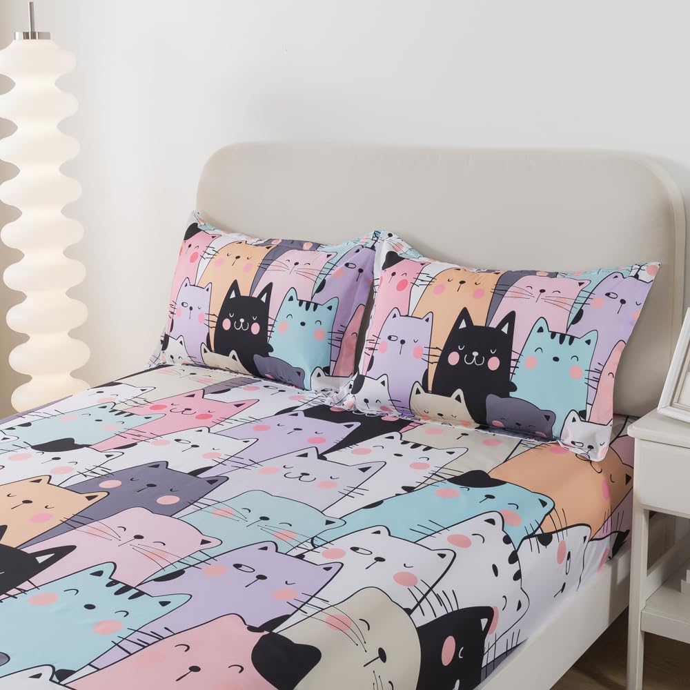 ADASMILE A & S Kids Bedding Cartoon Cat Sheet Set Queen Size for Girls Teens 4 Pieces Kawaii Cat Animal Bed Sets with Kitten Fitted Sheet 1 Flat Sheet 2 Pillowcases All Season Bedroom Decor
