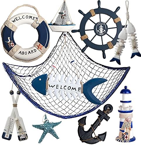 AmaQueen 10 PCS Wood Nautical Wall Hanging Ornament Decoration, Mediterranean Style Beach Wooden Lighthouse, Anchor, Boat,Life Ring, Ship, Starfish, Fishing Nets, Steering Wheel Sailing Home Decor