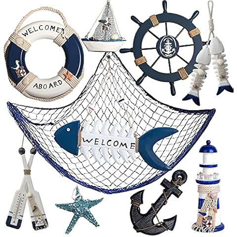 AmaQueen 10 PCS Wood Nautical Wall Hanging Ornament Decoration, Mediterranean Style Beach Wooden Lighthouse, Anchor, Boat,Life Ring, Ship, Starfish, Fishing Nets, Steering Wheel Sailing Home Decor Cover