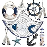 AmaQueen 10 PCS Wood Nautical Wall Hanging Ornament Decoration, Mediterranean Style Beach Wooden Lig