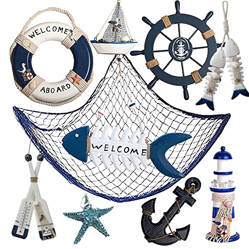 Image of 10 PCS Wood Coastal Wall Hanging Ornament Decoration, Nautical Mediterranean Style Beach Wooden Lighthouse, Anchor, Boat, Rudder, Oar, Life Ring, Ship, Starfish, Fishing Nets, Steering Wheel Sailing Home Decor