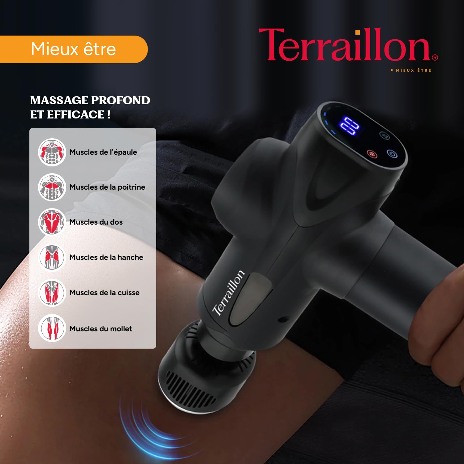TERRAILLON - GUN MASSAGER EXPERT - Pistolet de massage Multizones, 20 vitesses 2800-3200 RPM, Ecran digital, Minuteur intégré, 5 embouts silicone dont 1 chaud-froid, USB-C, Etui inclus, Noir