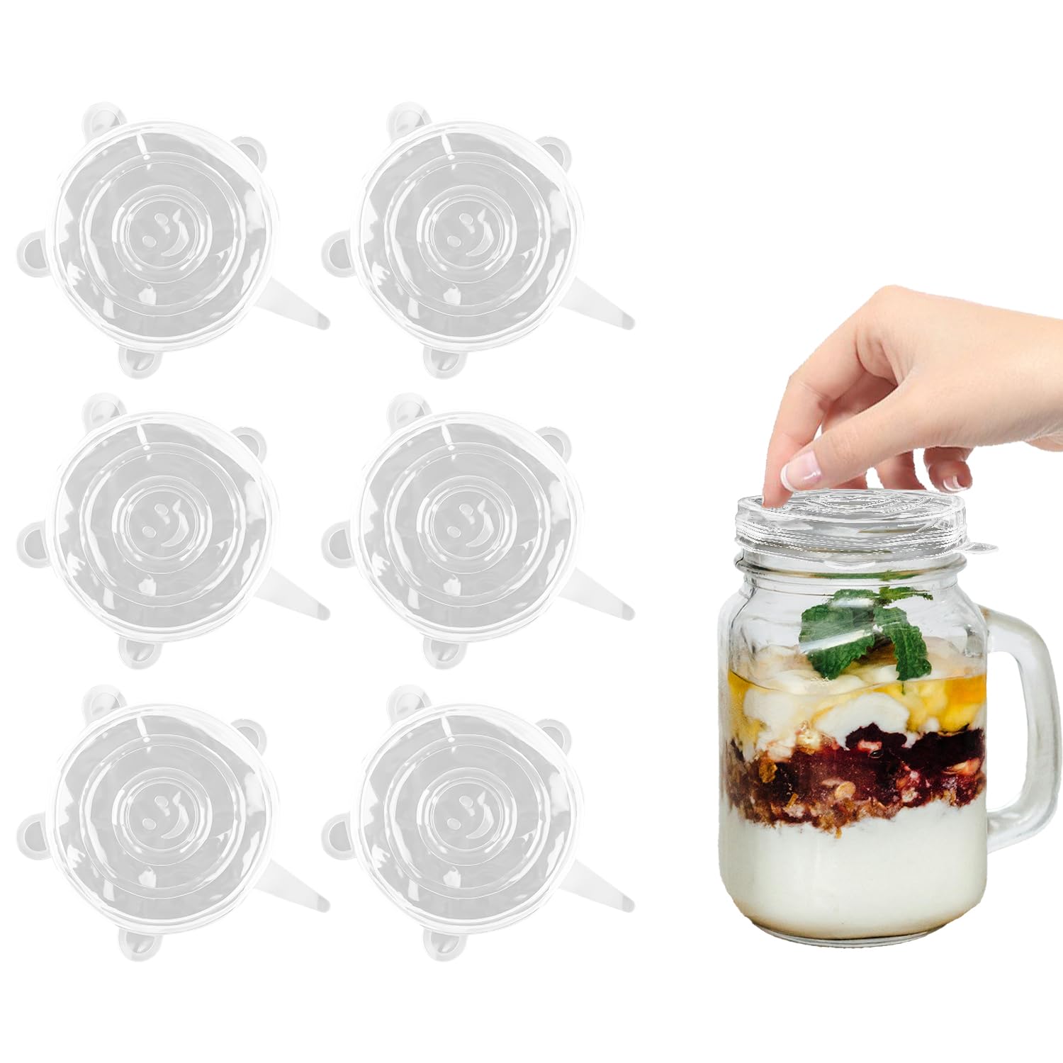 Tabanzhe White Silicone Stretch Lids-6Pcs Food Covers 9.5Cm Reusable Lids For Keeping Food Fresh Dishes Jars Bowls,Microwave Freezer Dishwasher Safe(White)