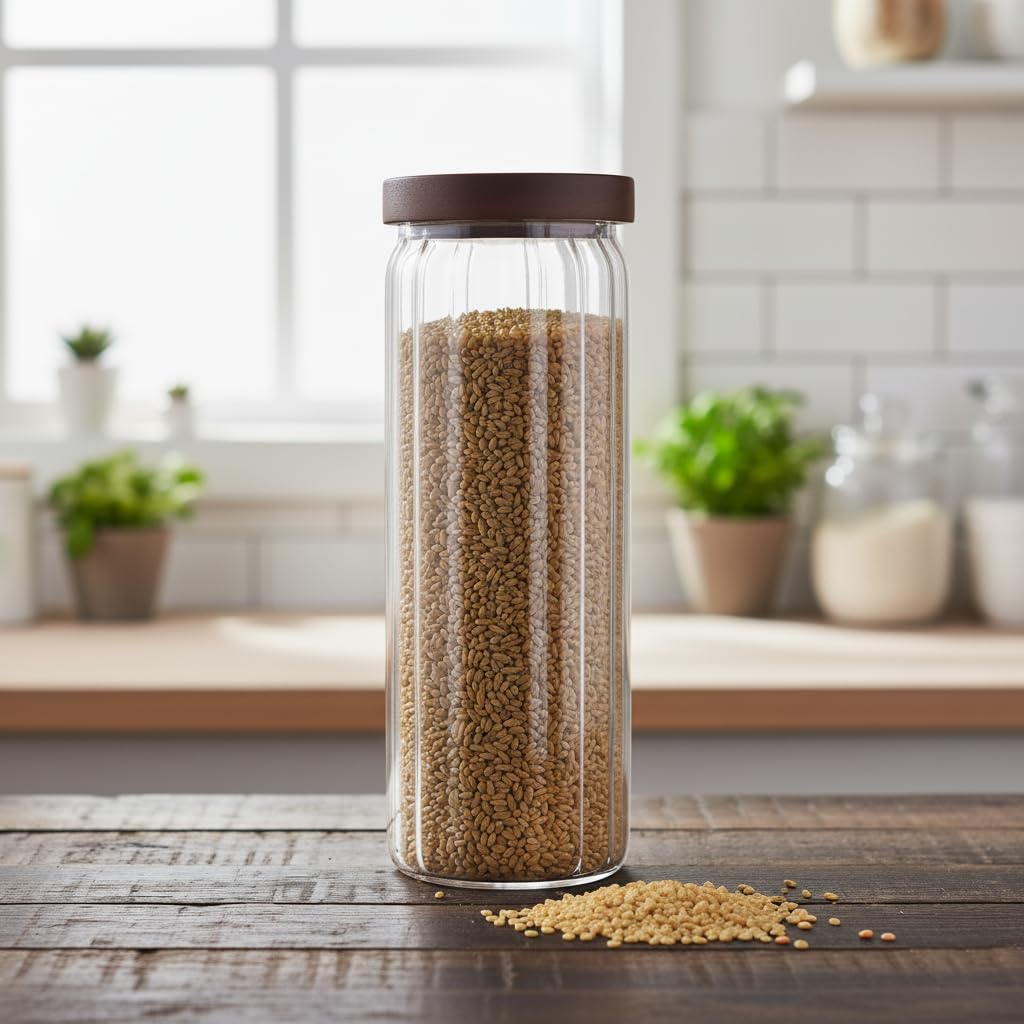 Deconox Akasya Kapaklı Uzun Çizgili Cam Kavanoz (1250 ml) | Hava Geçirmez, Modern Fitilli Tasarım Gıda Saklama Kabı | Makarna, Bakliyat, Kahve ve Çay Kavanozu (9x25 cm)