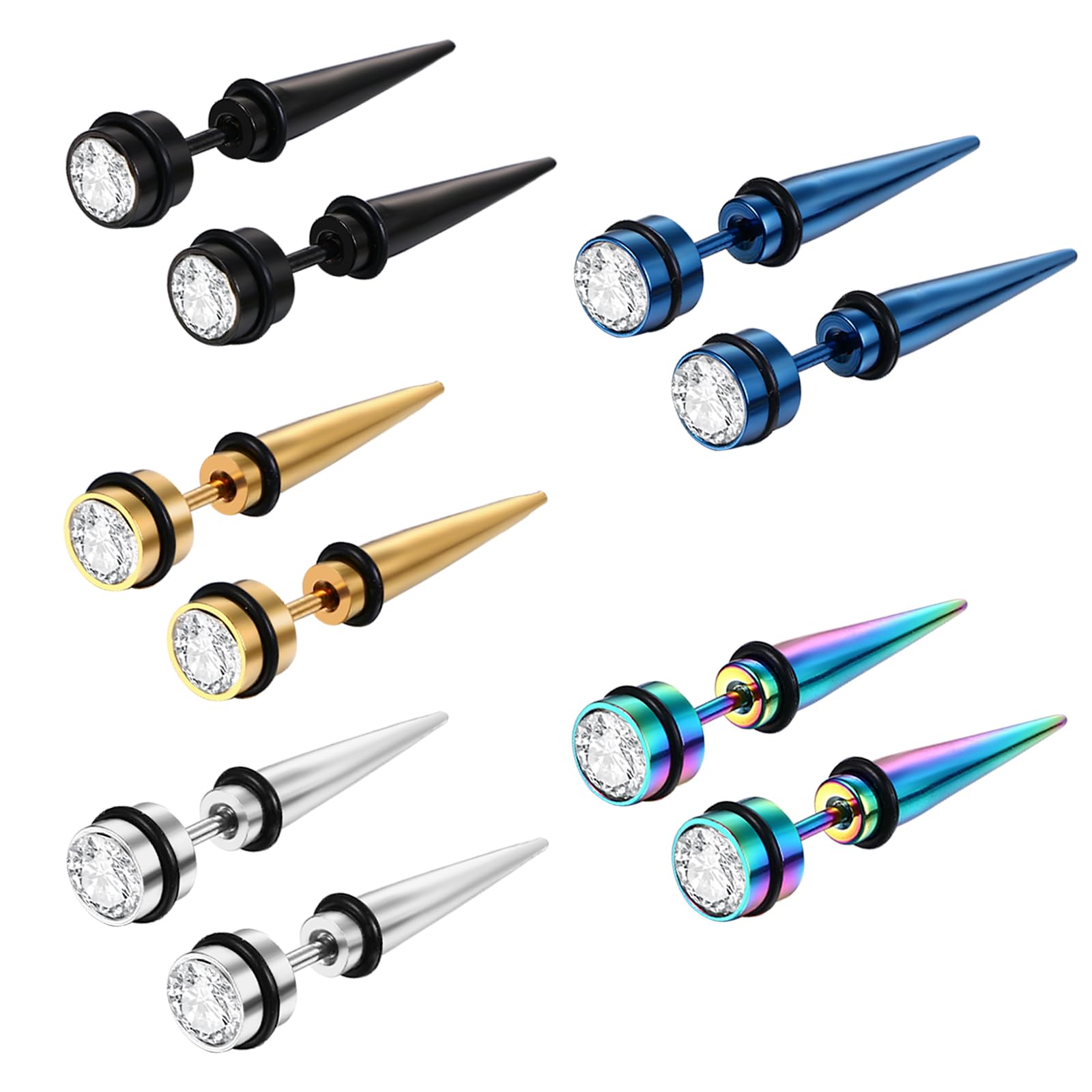 Aroncent 12PCS Stainless Steel Fake Tapers Mens Earrings Illusion Tunnel Cheater Piercing Jewelry Fake Gauge Fake Earrings Spike Stud Earrings Set for Men Women