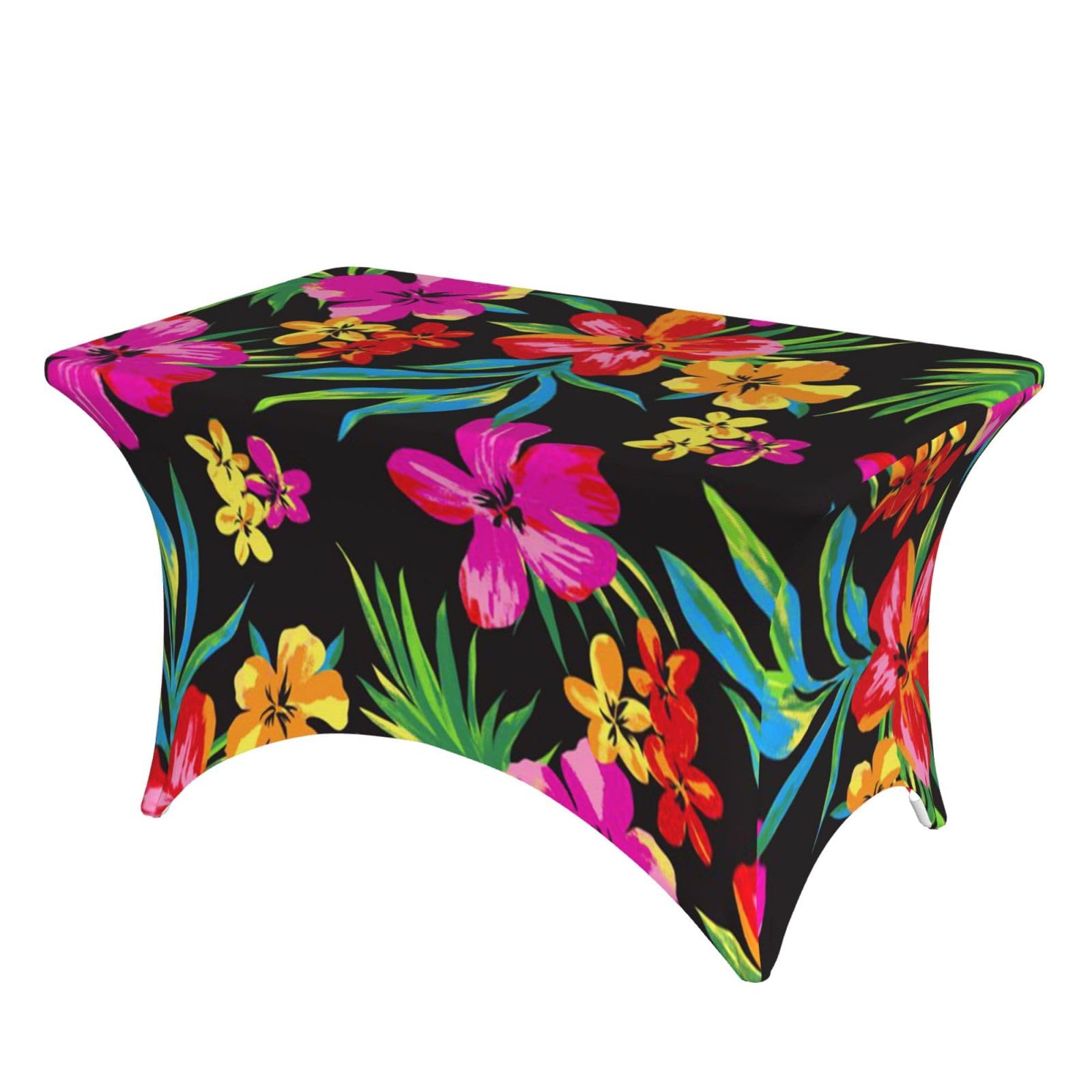 Dcehgew Hawaiian Colorful Flower 4Ft Spandex Rectangular Table Cloth, Printed Fitted Elastic Tablecloths Washable Table Cover For Event, Wedding, Banquet & Party