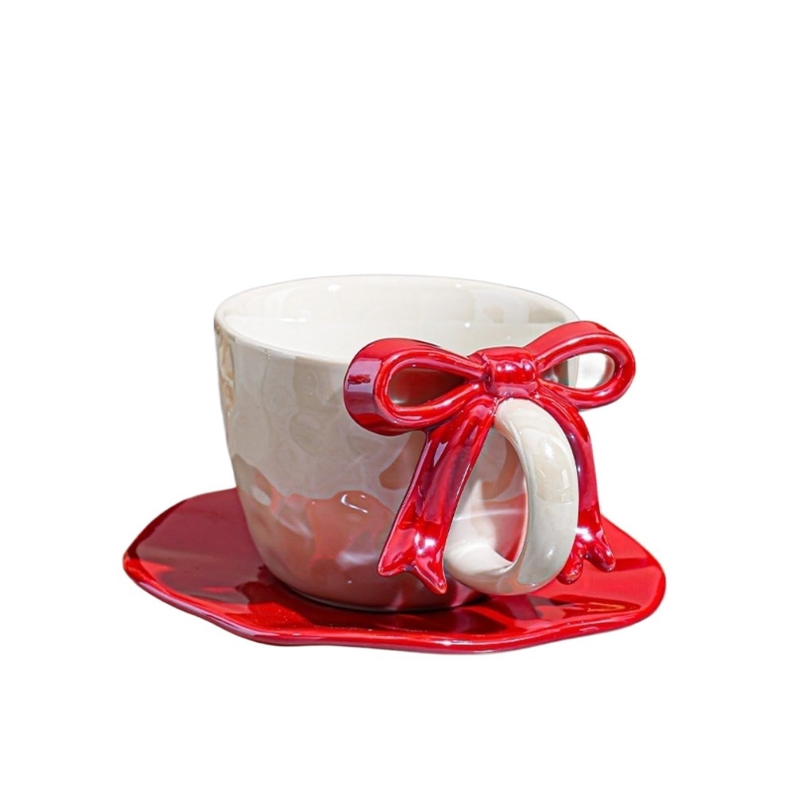 Tassen, Becher und Untertassen, Keramik-Kaffeeset, 380-ml-Bogengriffdesign mit Untertasse, Latte-Art-Tasse, elegantes Tee- und Kaffeeset für Damen(Red)