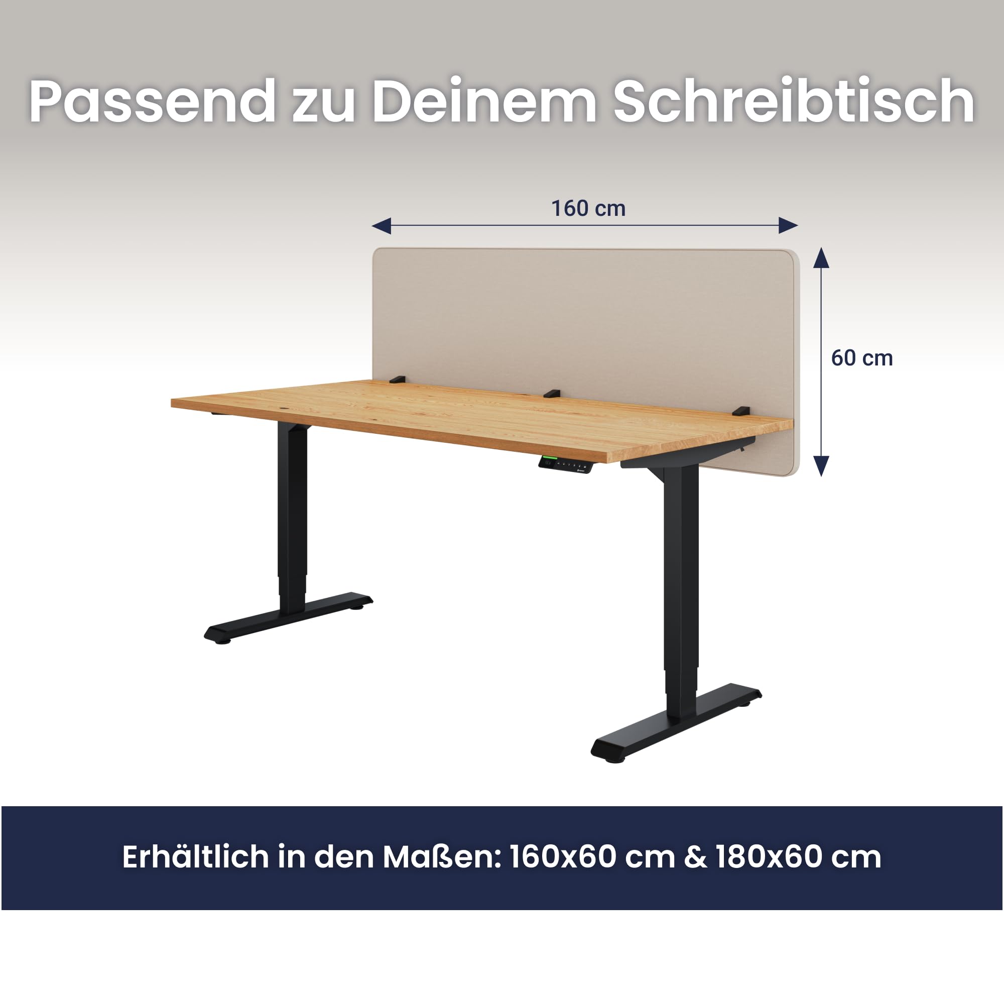 Ergotopia Focus Plus Akustik Trennwand Schreibtisch – Schallschutz & Sichtschutz Schreibtisch für konzentriertes Arbeiten im Büro – 40mm Premium Stoffbezug mit Klemmmontage – 160 x 60 cm - Beige