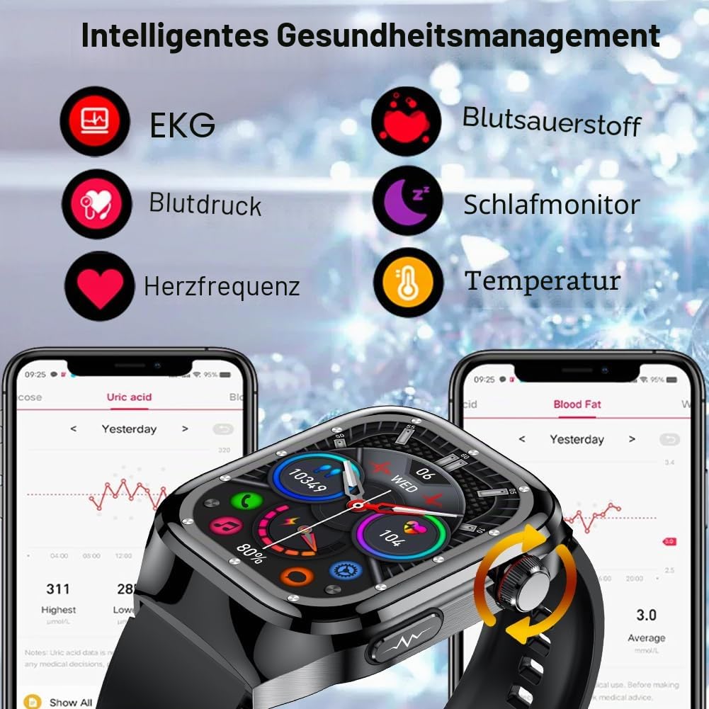 EKG Smartwatch mit Telefonfunktion Blutdruck SpO2 Herzfrequenz | Wasserdichte Fitnessuhr mit SOS, Sportuhr mit BMI Pulsmesser Schlafmonitor Schrittzähler für Android iOS