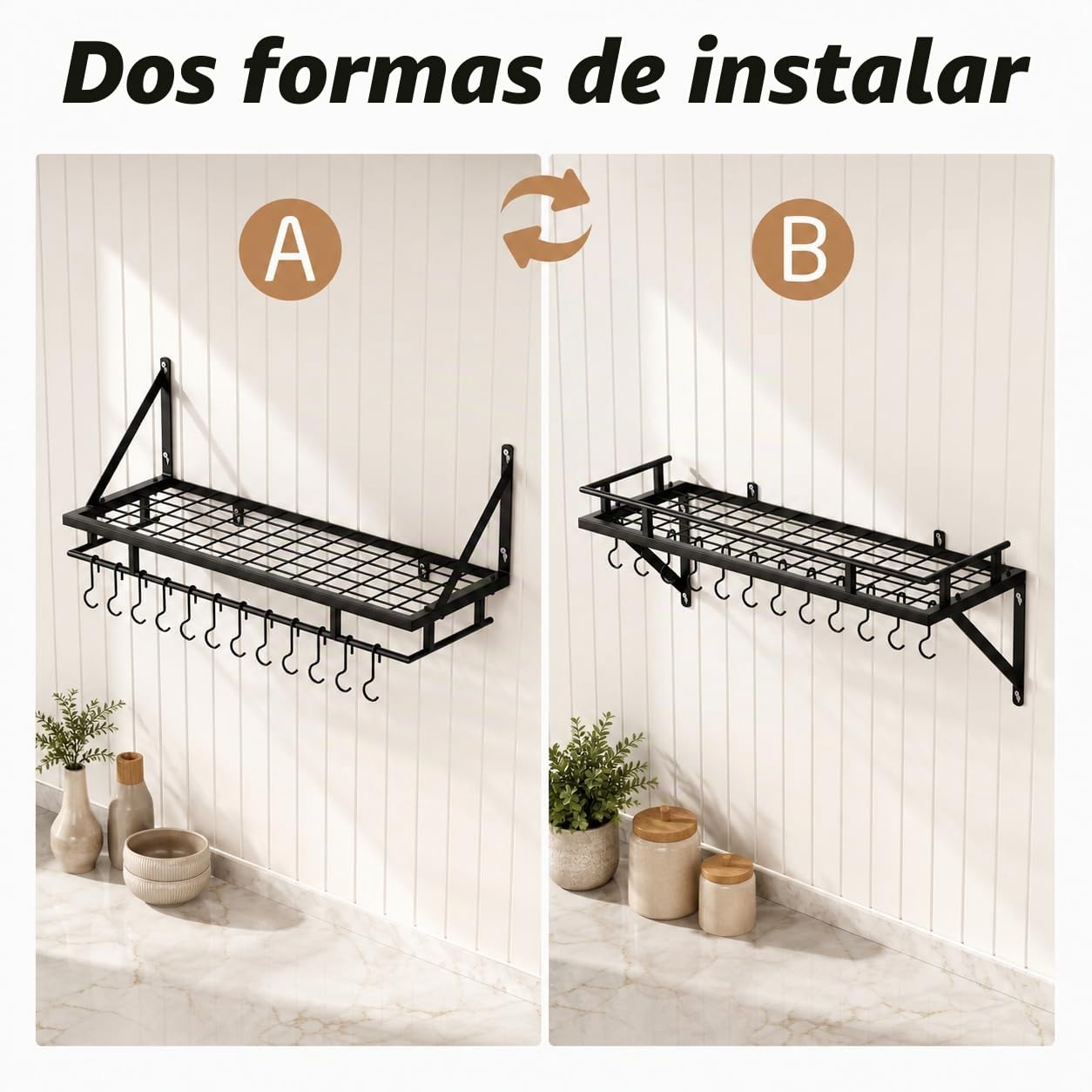 KES Estante de Cocina para Colgar Soporte para Ollas y Sartenes con 12 Ganchos Almacenaje Organizador Negro 75CM, KUR215S75-BK